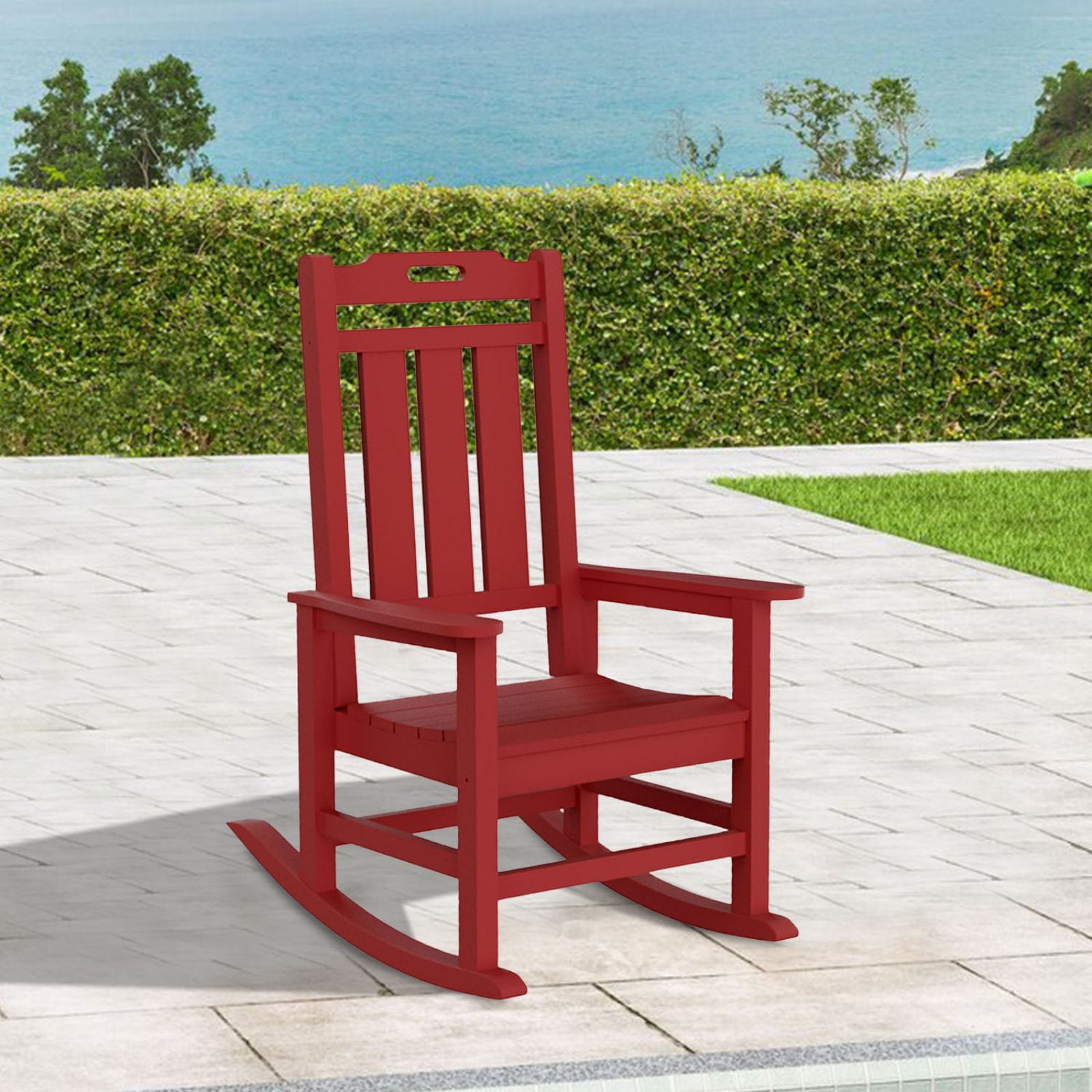 Forclover HYFAS04WH Patio HDPE Plastic Outdoor Rocking Chair Red HDPE Frame Rocking Chair with Solid Seat
