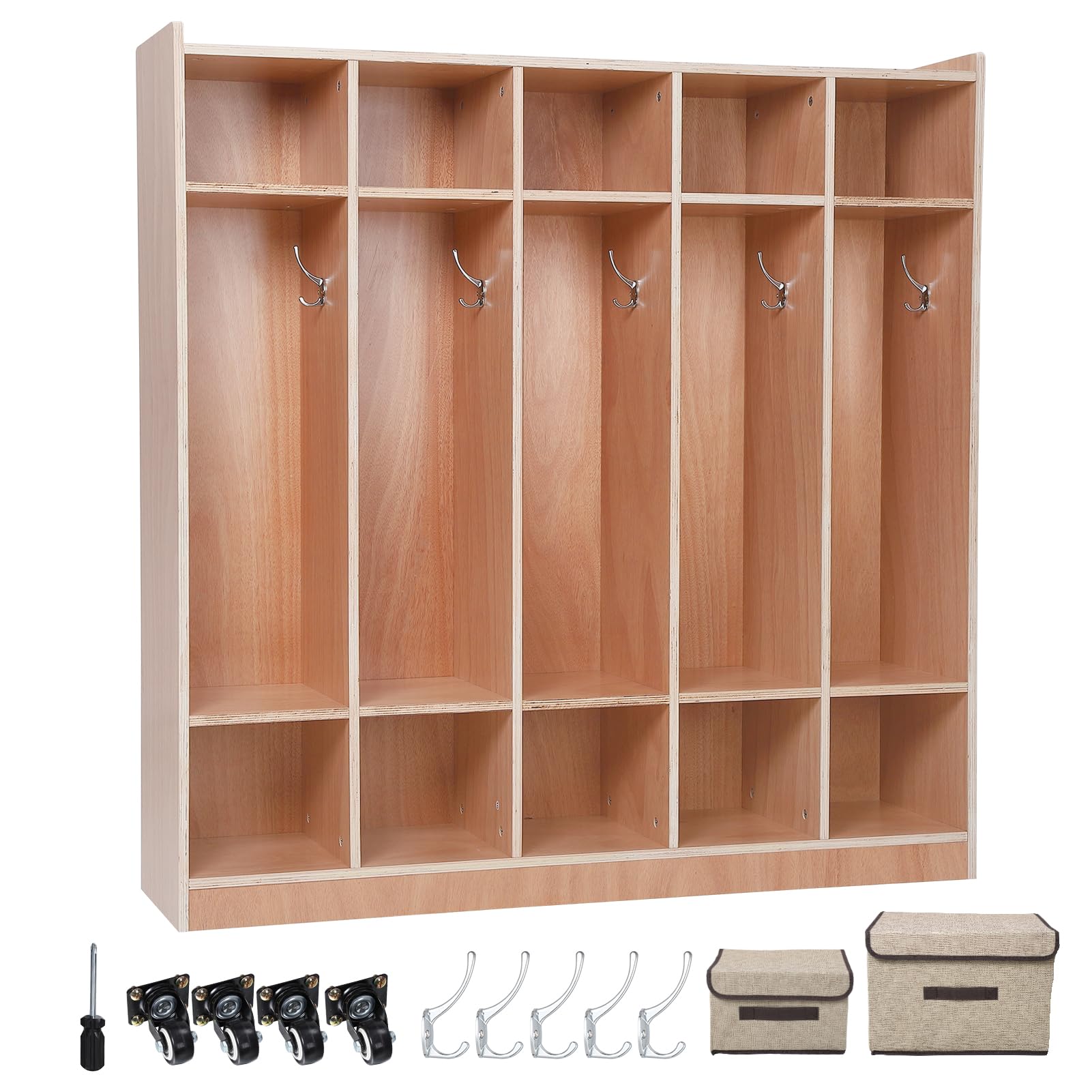 DEXSO 5 Section Wooden Classroom Coat Locker 10 Cubbies with 5 Hooks 2 Storage Boxes Wheeled Glazed Finish Kindergarten Storage Cabinet 47.6W x 12D x 48.4H inch