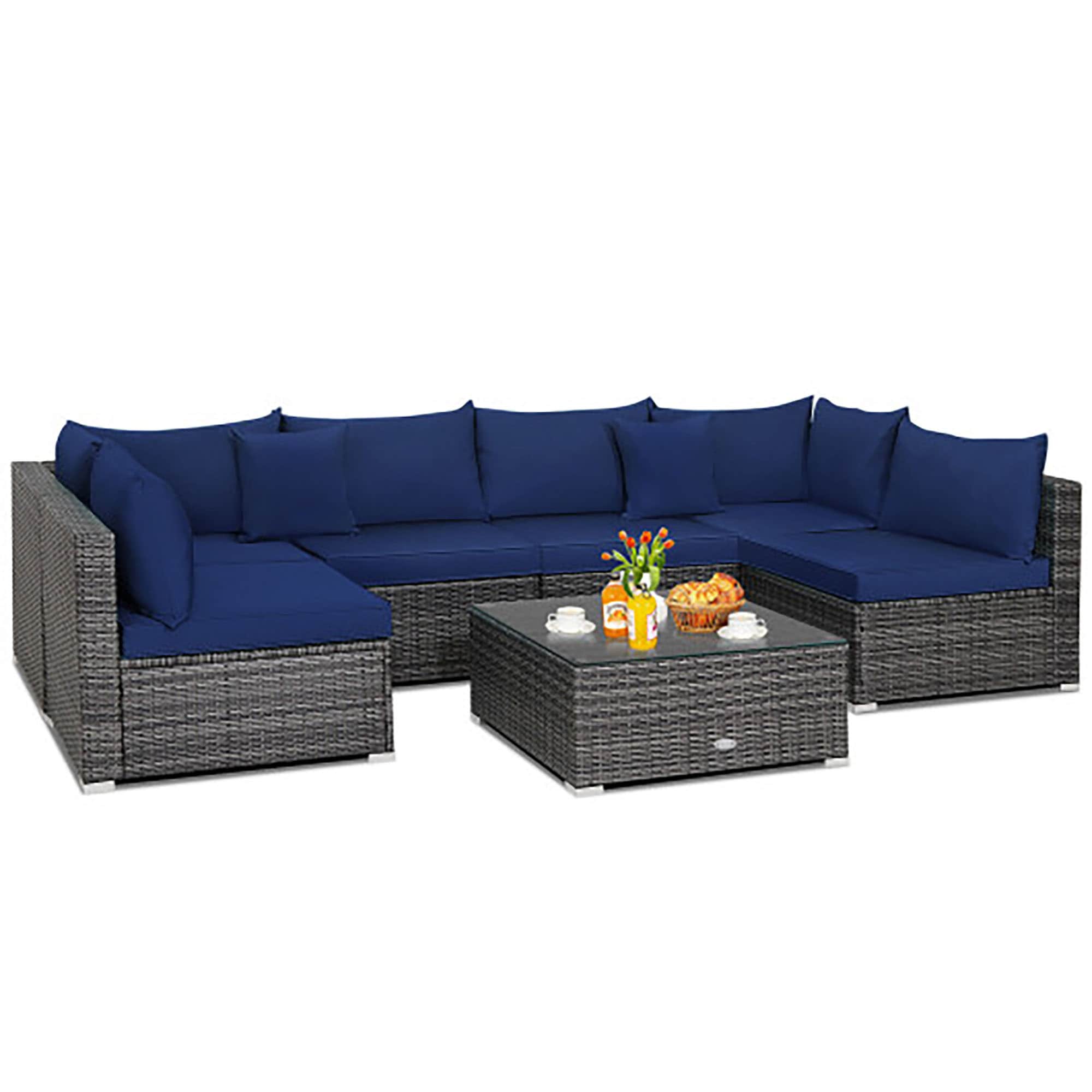CASAINC WF-CS600 Outdoor Furniture-Set 7-Piece Rattan Patio Conversation Set with Blue Cushions