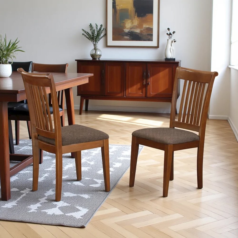 FurniFact Elegant Slat Back Dining Chairs Set of 2 - Brown Wooden ...