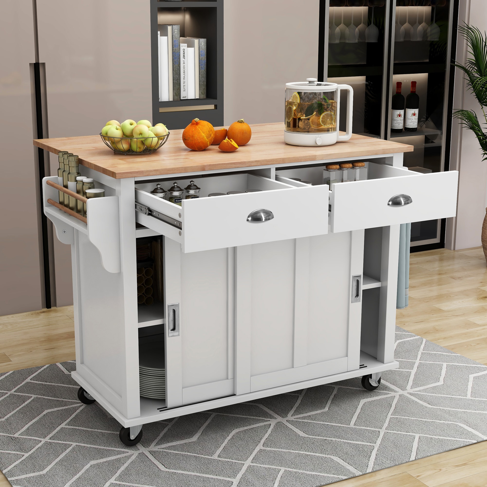 ModernLuxe SK000001AAW Kitchen Cart with Rubber wood DropLeaf Countertop Concealed sliding barn door adjustable heightKitchen Island on 4 Wheels with Storage Cabinet and 2 DrawersL White