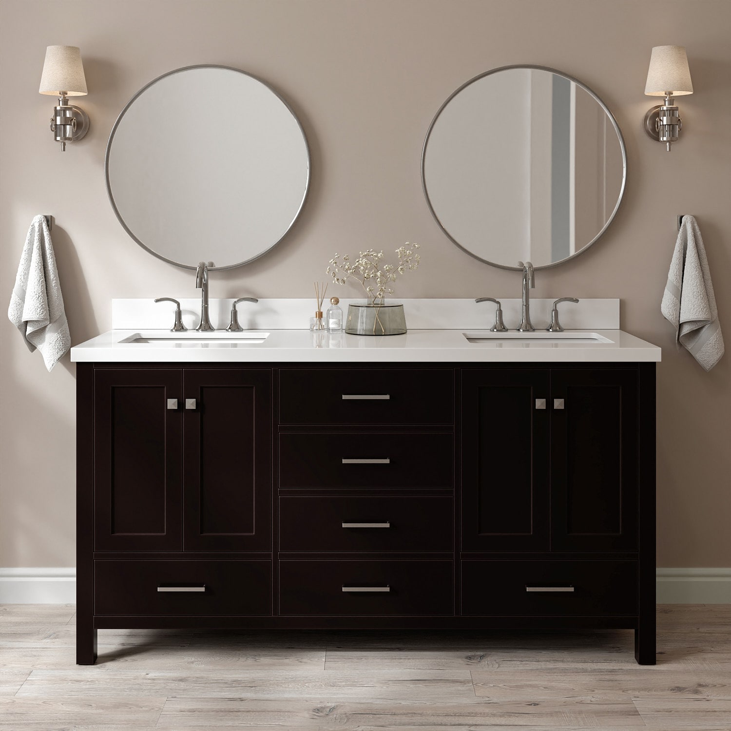 ARIEL A067DWQRVOESP Cambridge 67-in Espresso Undermount Double Sink Bathroom Vanity with Pure White Quartz Quartz Top