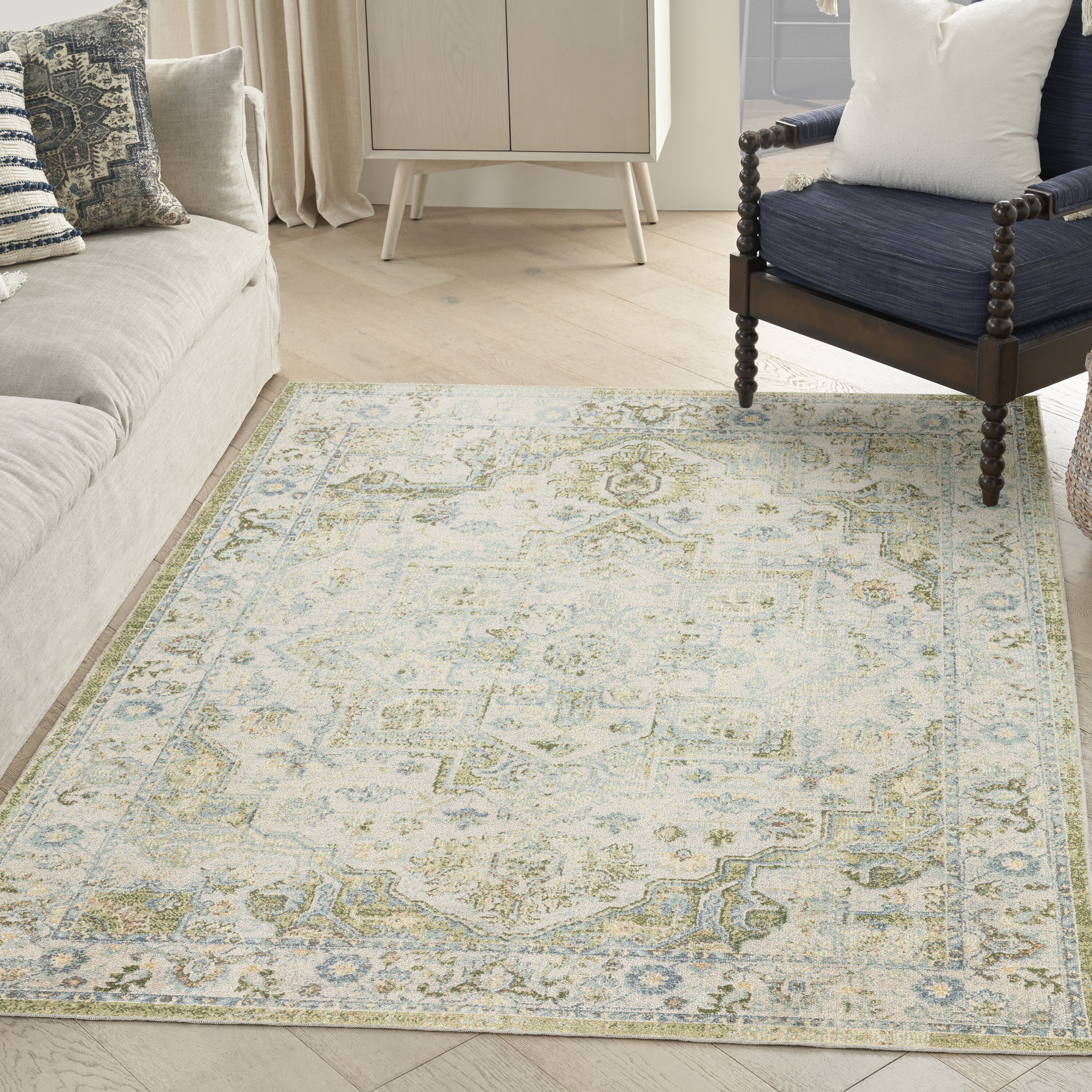 Nourison Home 099446964243 Astra Machine Washable 5 x 7 (ft) Loomed Polyester Blue Green Rectangular Indoor Medallion Persian Machine washable Area rug