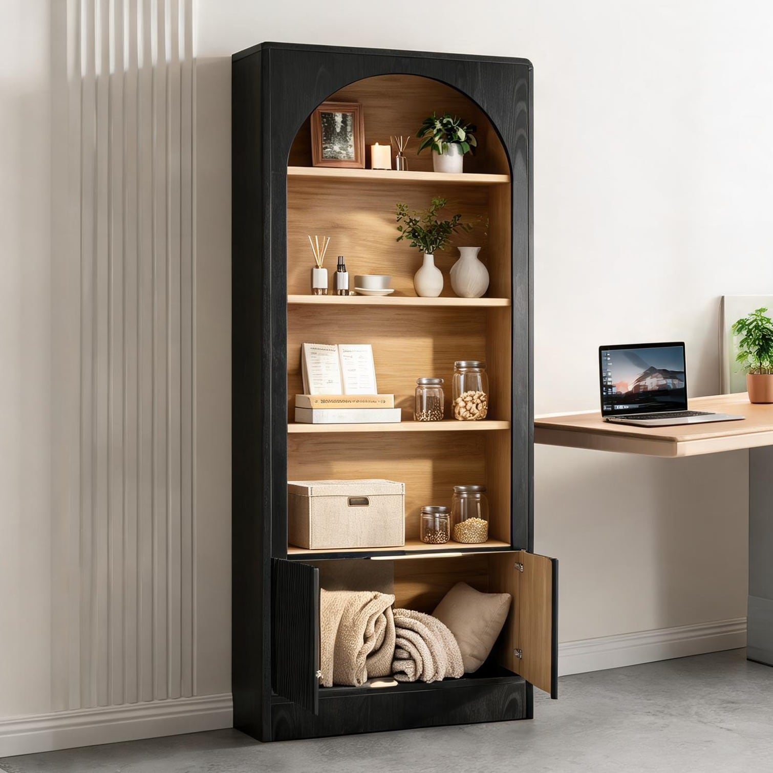 SunJet Shelving Bookcase with 75.2 x 17.7 x 5.9 in and Modern Arch Storage Cabinet Doors