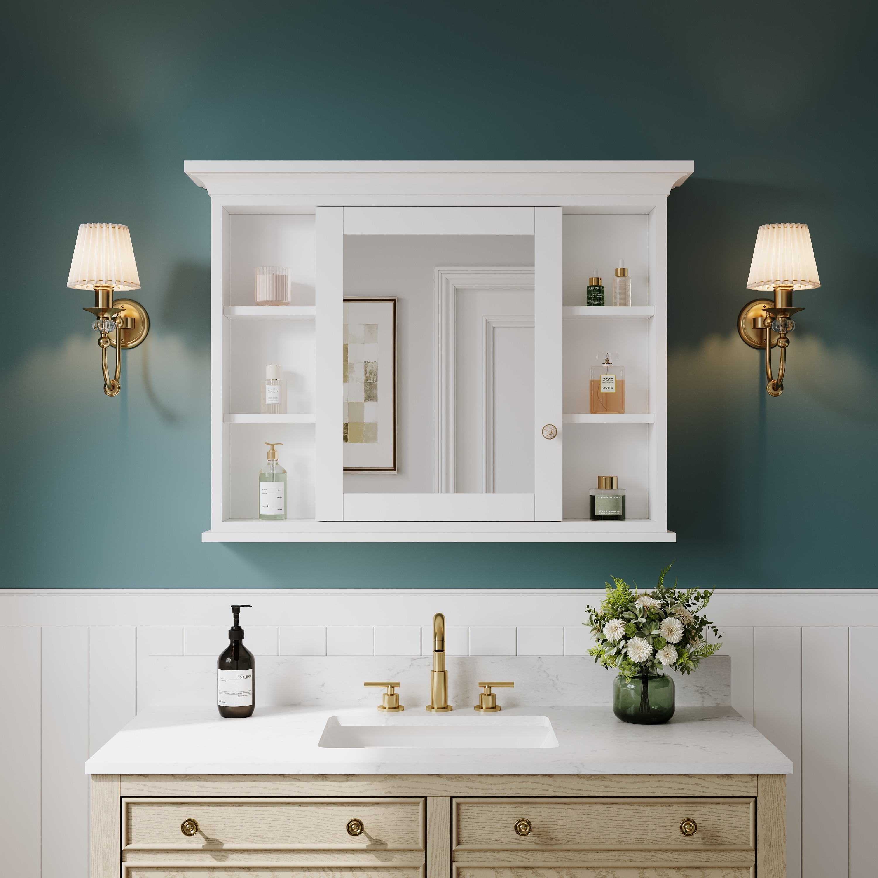 Gtnali - 40-in W x 30-in H Solid Wood Framed Bathroom Medicine Cabinet with Mirror Soft-Close Doo...