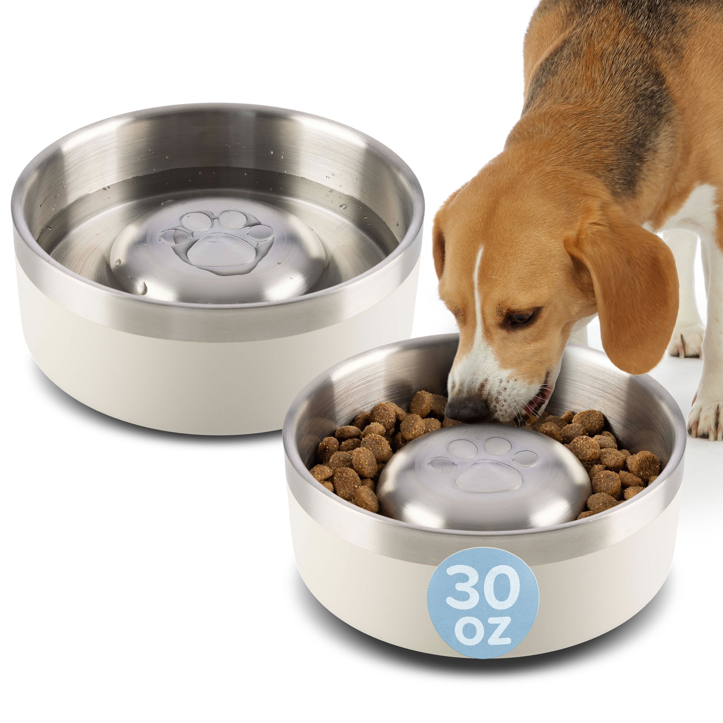 PETMAKER PET6429 Set of Two 30oz Stainless Steel Slow Feeder Dog Bowls (Cream)