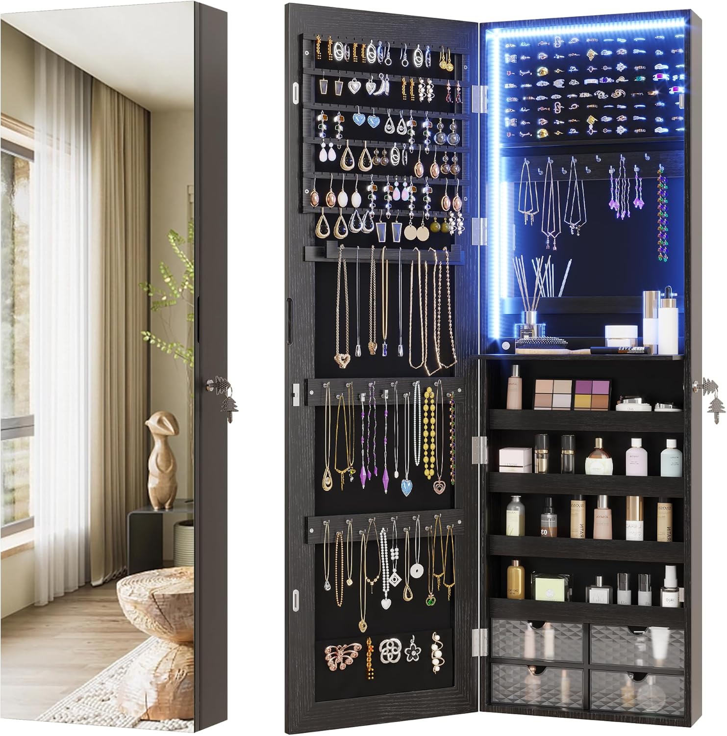 Vlsrka - 47.2 Inch LED Wood Black Jewelry Armoire Organizer Wall or Door Mounted with Full Lengt...