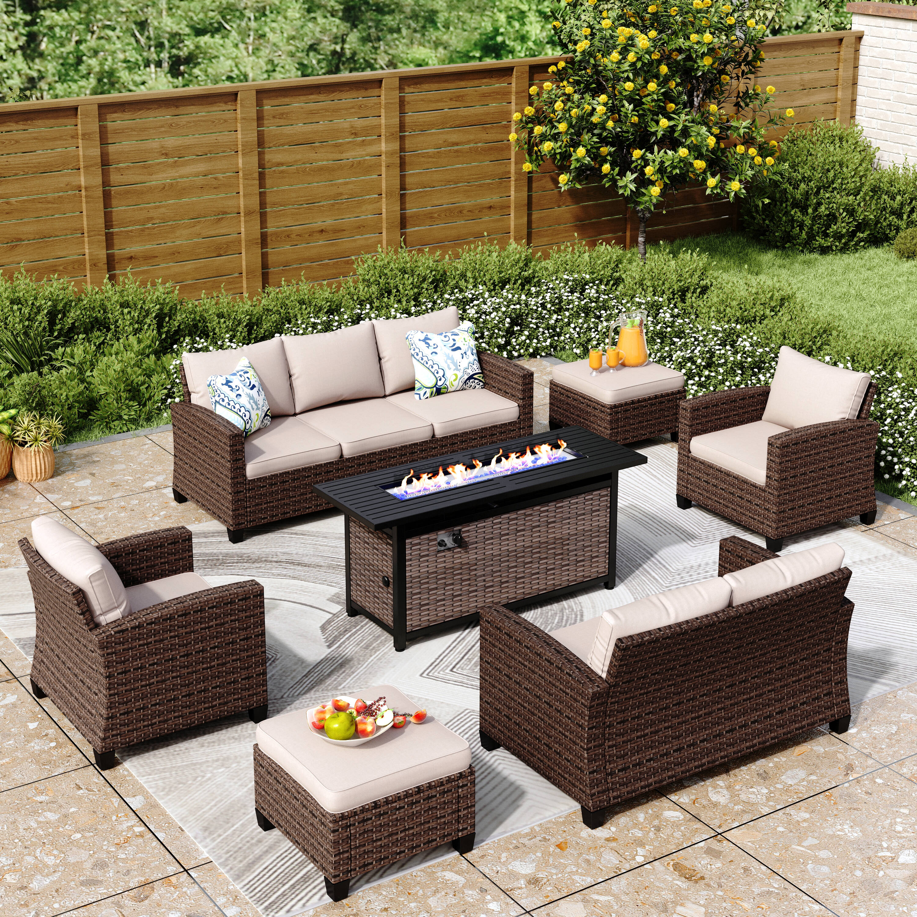 Sunshine Valley Patio Furniture Set with Fire Pit 7 -Piece Wicker Patio Sofa Conversation Set with Tan CUSHION PRO Cushions
