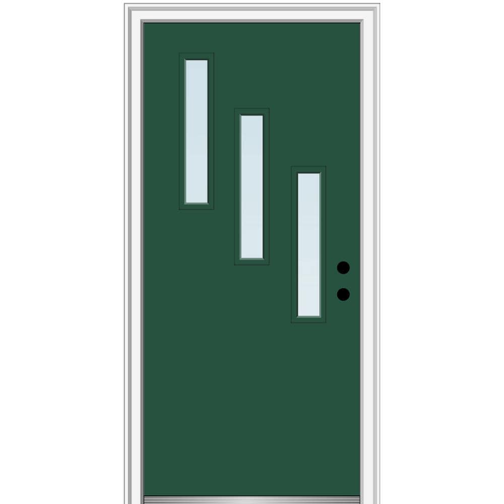 MMI DOOR ZZ349342L Spotlights 36-in x 80-in x 6-9/16-in Fiberglass Pulse lite Left-hand inswing Hunter Green Painted Prehung Front Door with Brickmould Insulating core