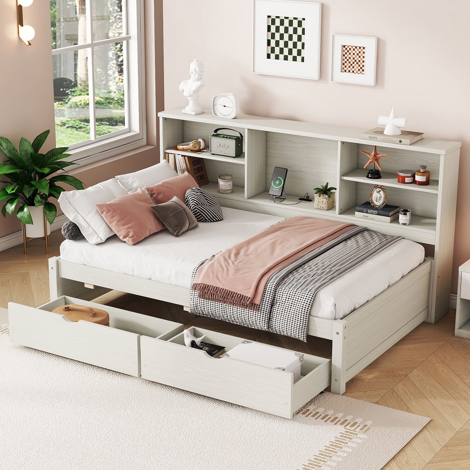 GZMR GZ-FX00037 Twin Size Bed Frame With Side Bookshelves Creamy White Twin Wood Daybed Bed with Storage