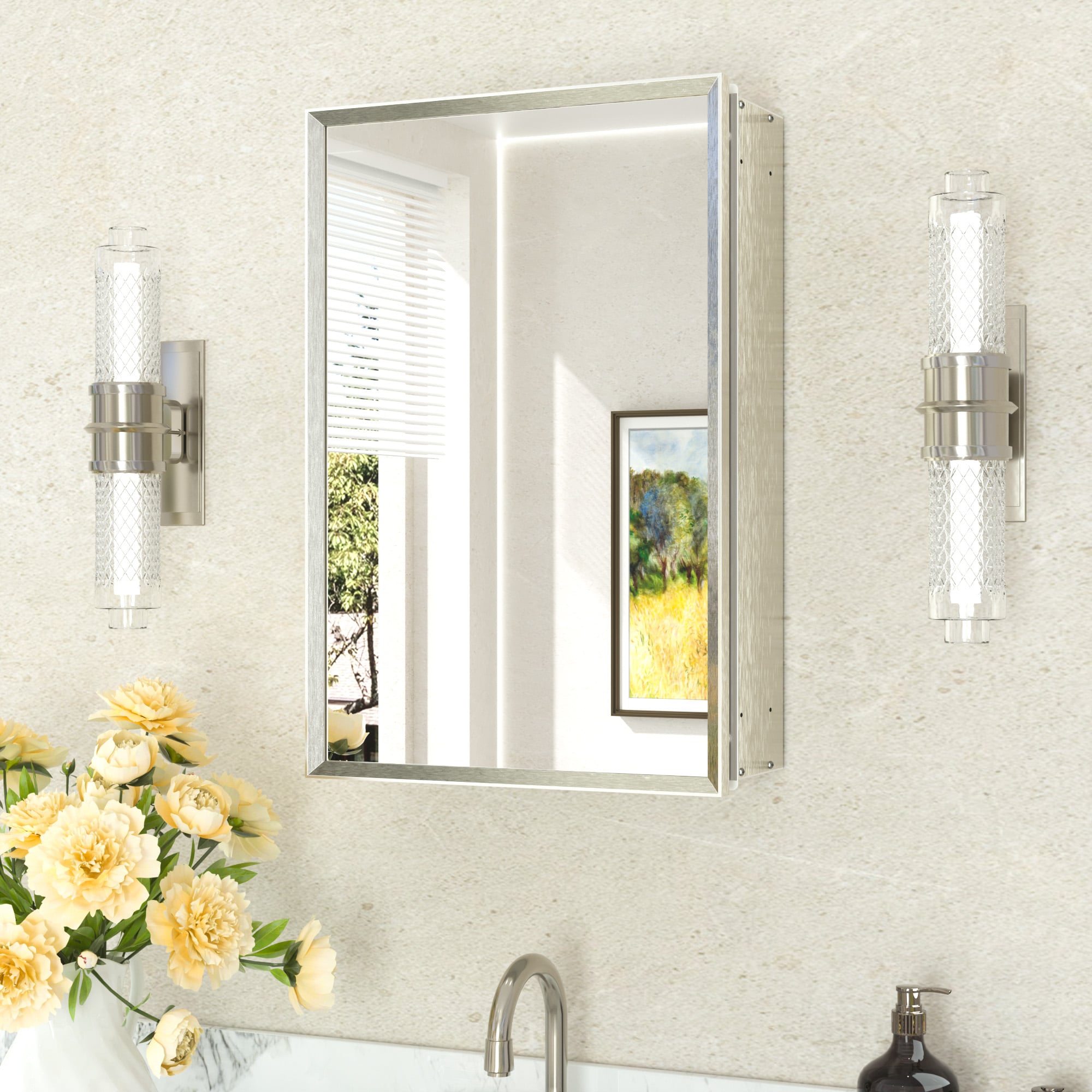 Keonjinn LW-JG-FP-4161-BN Medicine Cabinets Mirrors 16-in x 24-in Surface/Recessed Mount Brushed Nickel Mirrored Rectangle Soft Close Medicine Cabinet