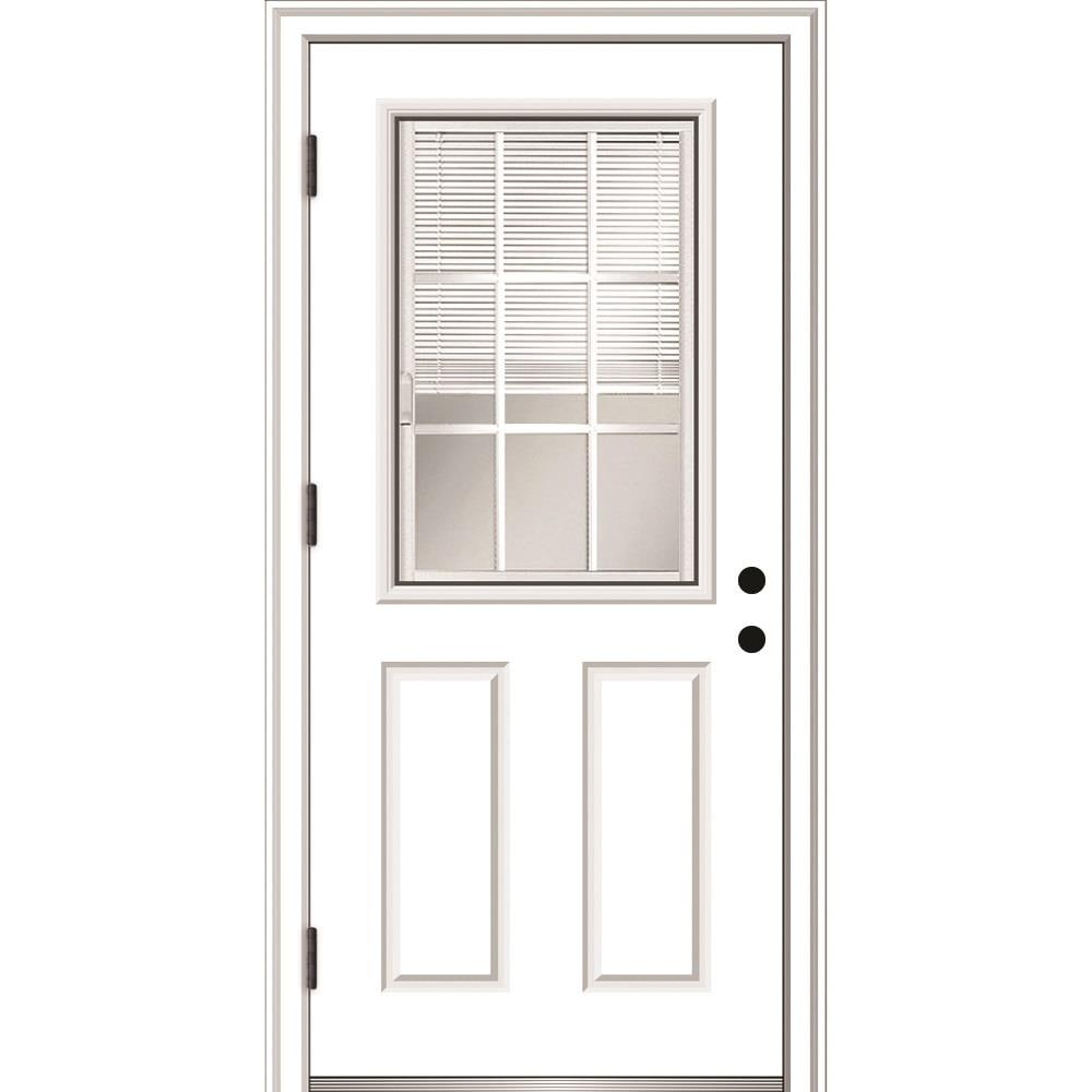 MMI DOOR ZZ364856R 32-in x 80-in x 6-9/16-in Fiberglass Half lite Right-hand outswing Primed Prehung Front Door with Brickmould Insulating core with Blinds and Grilles