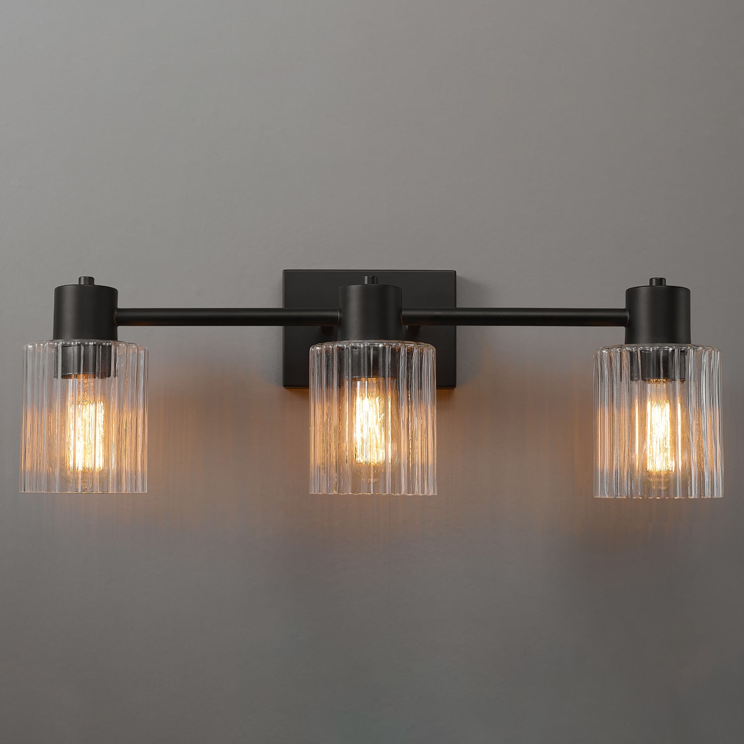 Globe Electric 3-Light Matte Black Vanity Light with Clear Ribbed Glass Shades