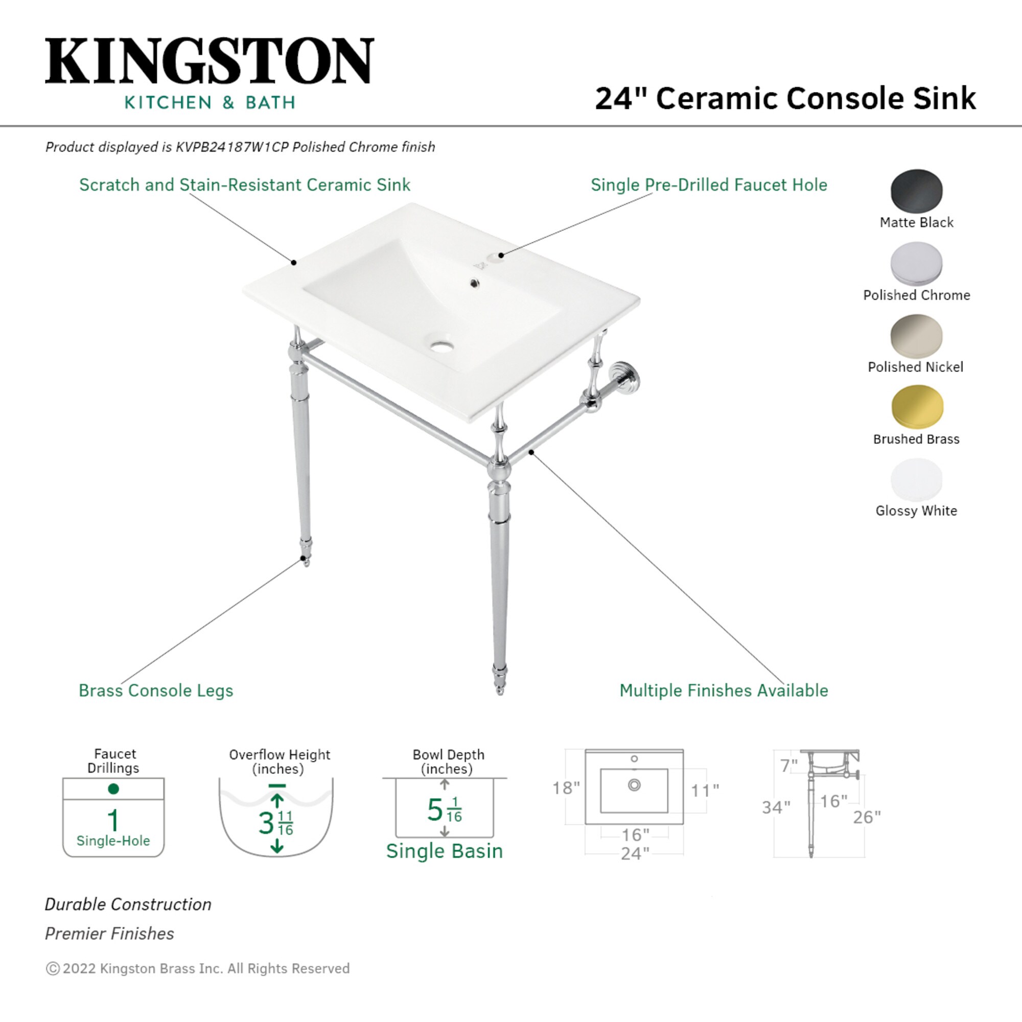 Kingston Brass WLKVPB24187W1MB Bath-Sink - View #3