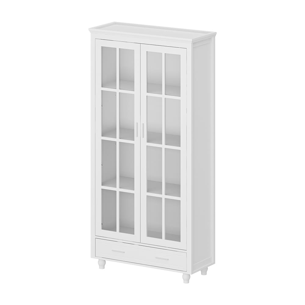  V-KF330076-01 Modern White Bookcase with Two Doors Two Drawers Tempered Glass Panels Solid Wood Legs and Ample Storage Space