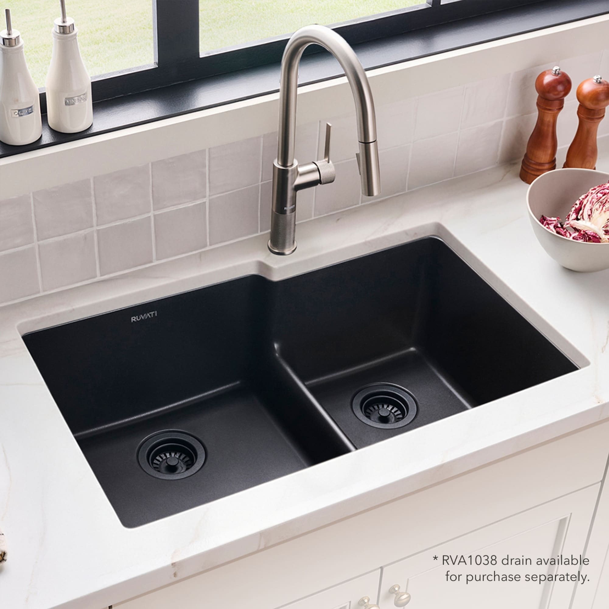 Ruvati epiGranite Undermount 33-in x 20.5-in Granite Double offset bowl Kitchen Sink