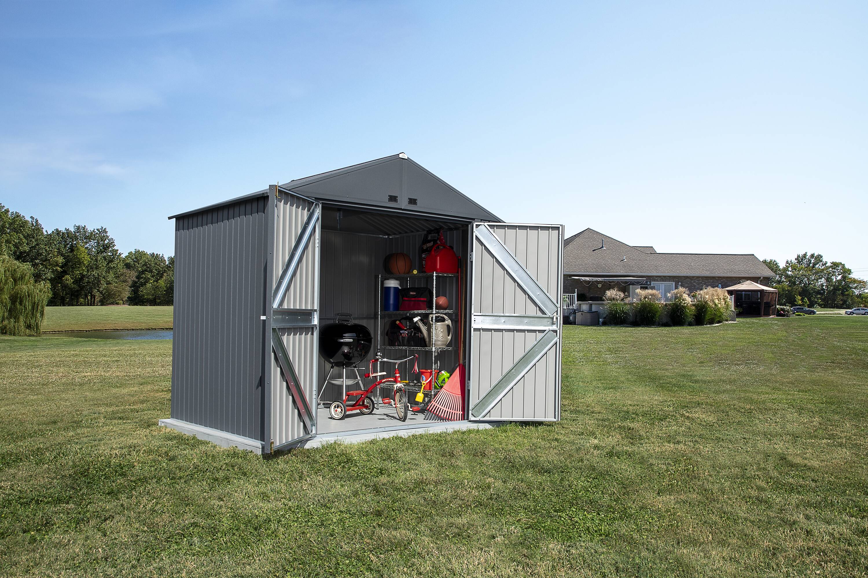 Elite 8' x 6' Gray Steel Storage Shed with Swing Doors