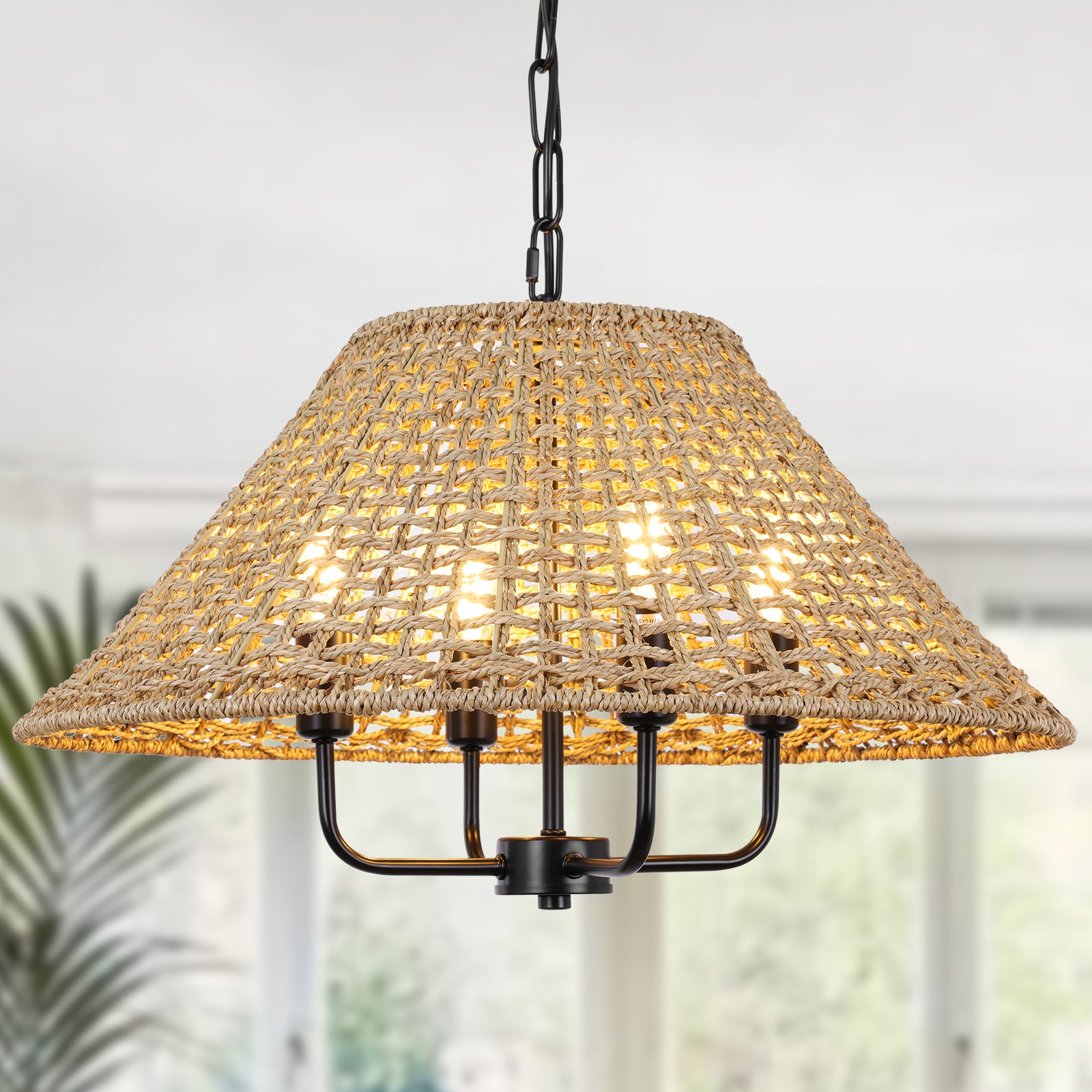 LamQee 06FTL0299ART Rattan Chandelier 4 -Light Matte Black Farmhouse For Use in Bedrooms, Dining Rooms, Foyers, Kitchens, Living Rooms Chandelier