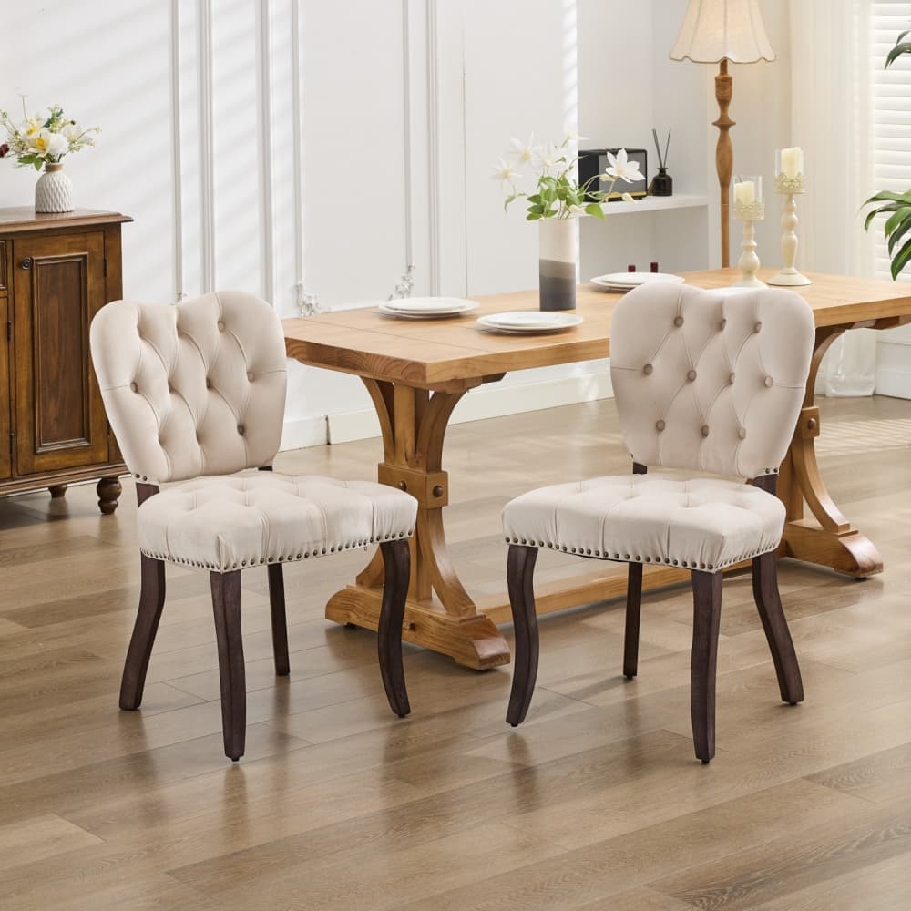 Maison Boucle JACE-CHAIR-BEIGE Set of 2 Upholstered Beige Fabric Dining Chairs with Tufted Back and Solid Wood Legs for Dining Room