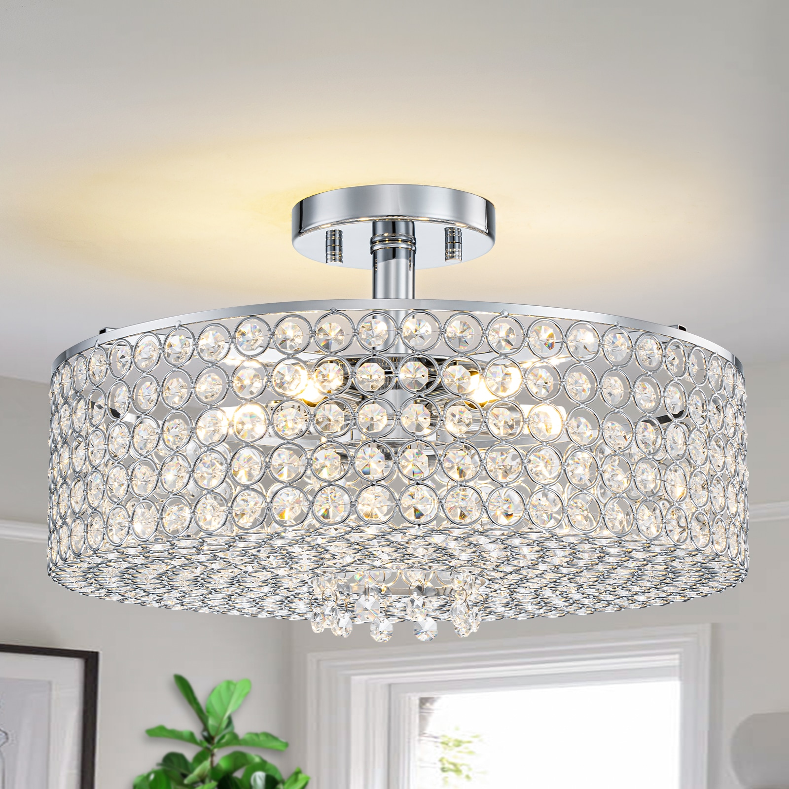 MENCOLULU 5 Light Metal Mesh Crystal Shade Ceiling Lights 15.75-in Chrome Indoor Semi-flush Mount Light Crystal Shade