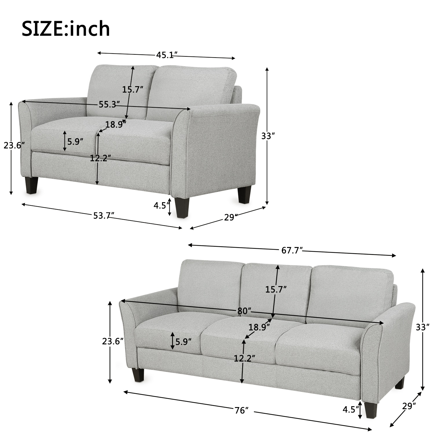 CASAINC Loveseat sofa and 3-seat sofa Modern 2-Piece Linen Light Gray ...