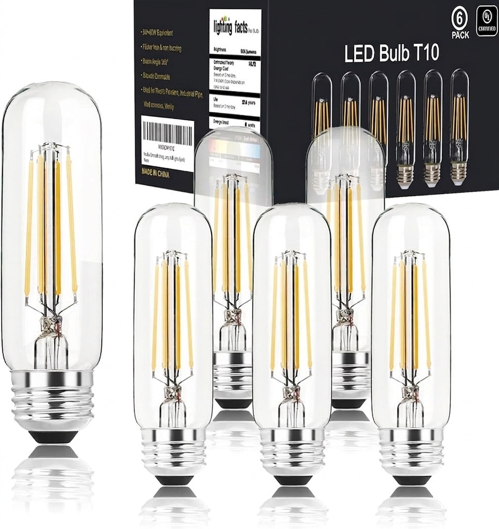 AOIZGMY   6 Pack 5 Inch 5000K Daylight White E26 Base LED Bulb 6W Dimmable 800 Lumen T10 Tubular Clear Glass Light Bulb Replaces 80W for Chandelier Pendant Wall Light