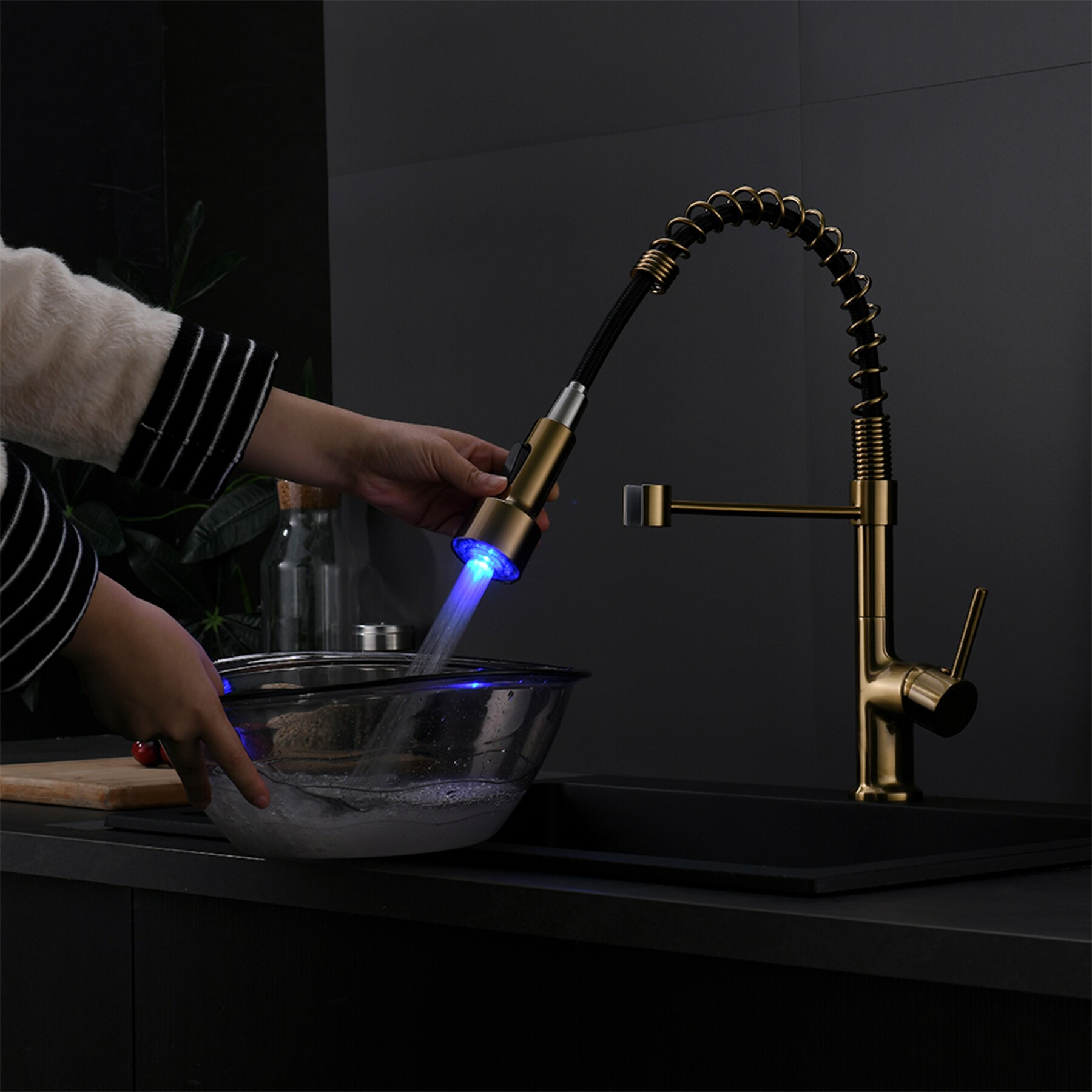 WELLFOR LED Kitchen Faucet Brushed Gold Single Handle Deck-mount Handle Residential Pull-down Kitchen Faucet with Sprayer