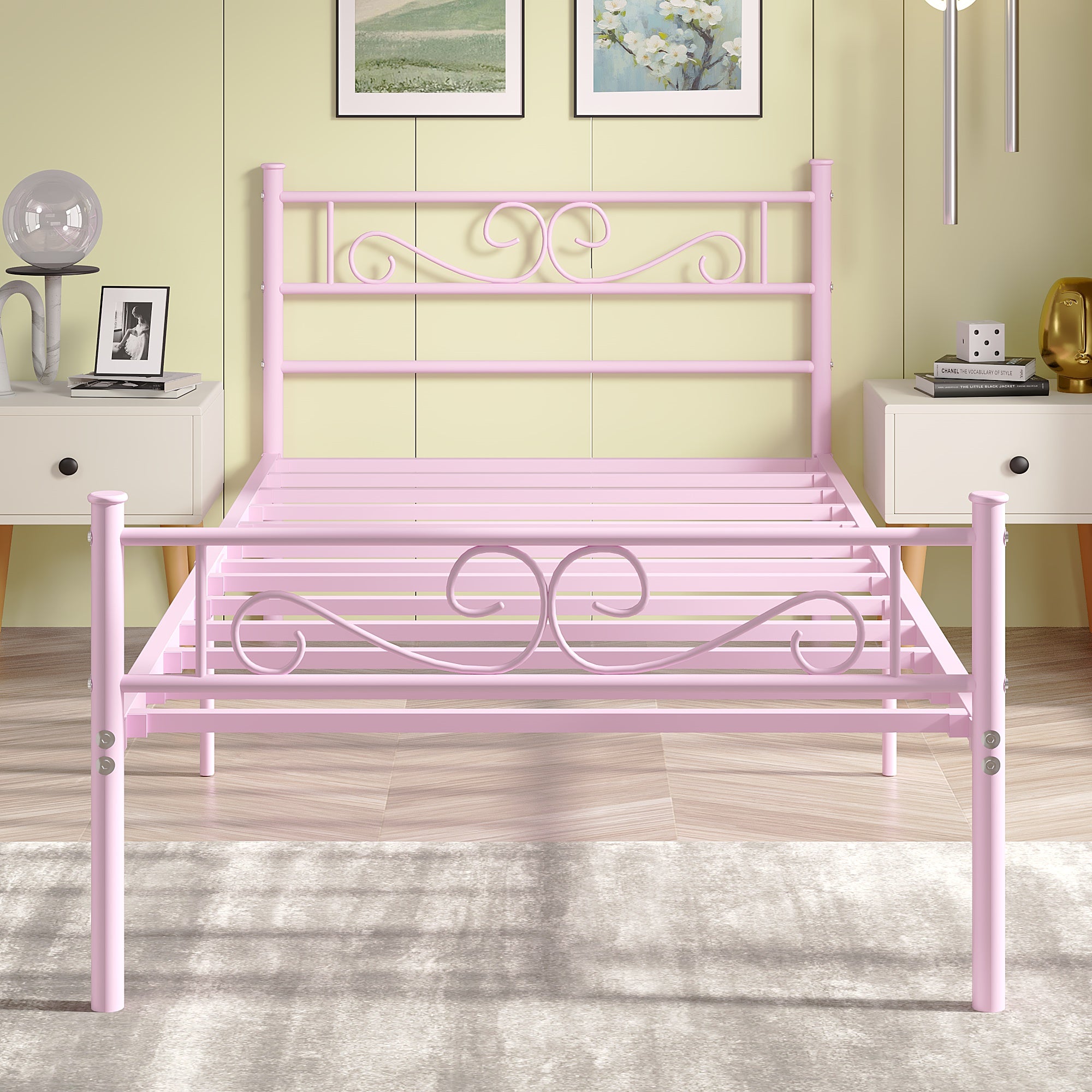 Vecelo LOE-YT-T10-PIK Pink Twin Size Bed Frame Metal Slat Platform Bed with Headboard Footboard