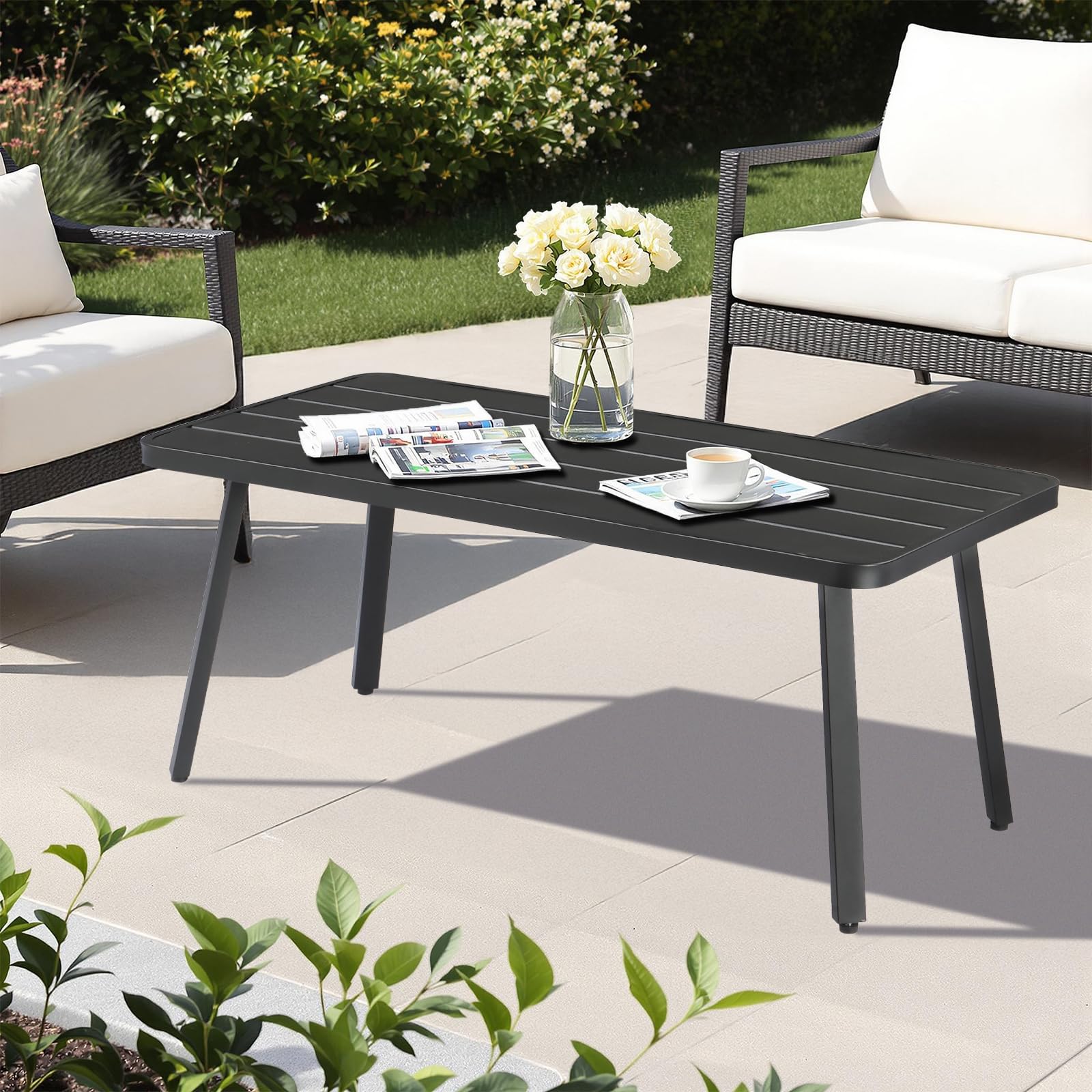 VINGLI Weather Resistant Rectangle Outdoor Patio Coffee Table Black 18-in W x 35.4-in L