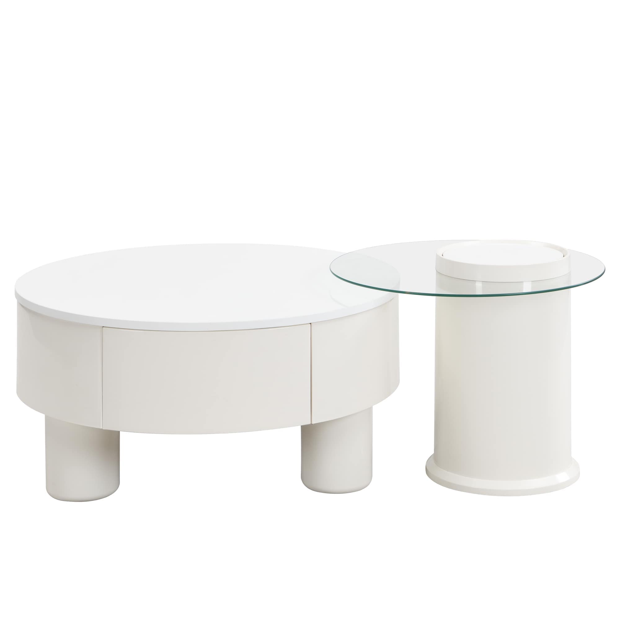 Vynxaria LEXY0480-DJJJ-BZ050 Series 27.56 in. Off White Round MDF and Tempered Glass End Table with Nesting Design and Storage Drawer