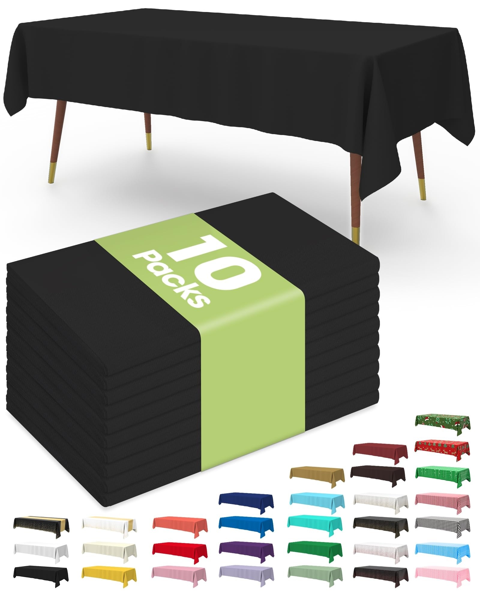 Phyfalip Plastic Table Cloth 10 pack 54 x 108 inch Rectangle Black Leakproof Sturdy Disposable Tablecloths Waterproof for Party Halloween Summer #L05PF08077