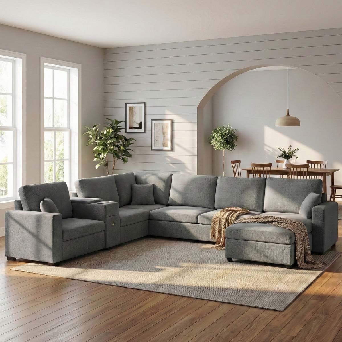 ModernLuxe Assembly Required 5Seat Modular Sectional Sofa Couch 134inch UShape Couch Large Family Sofa with Chaise Lounge Deep Seat Comfort BuiltIn Cup Holders Storage Drawer and Pillows for Living Room Grey