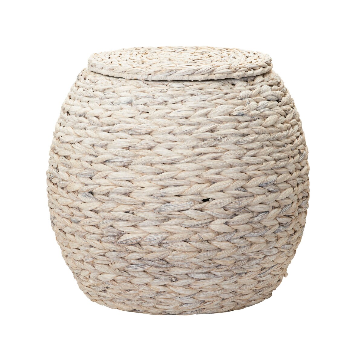 Handwoven Water Hyacinth Barrel Wicker Storage Basket Side Table Cream Finish