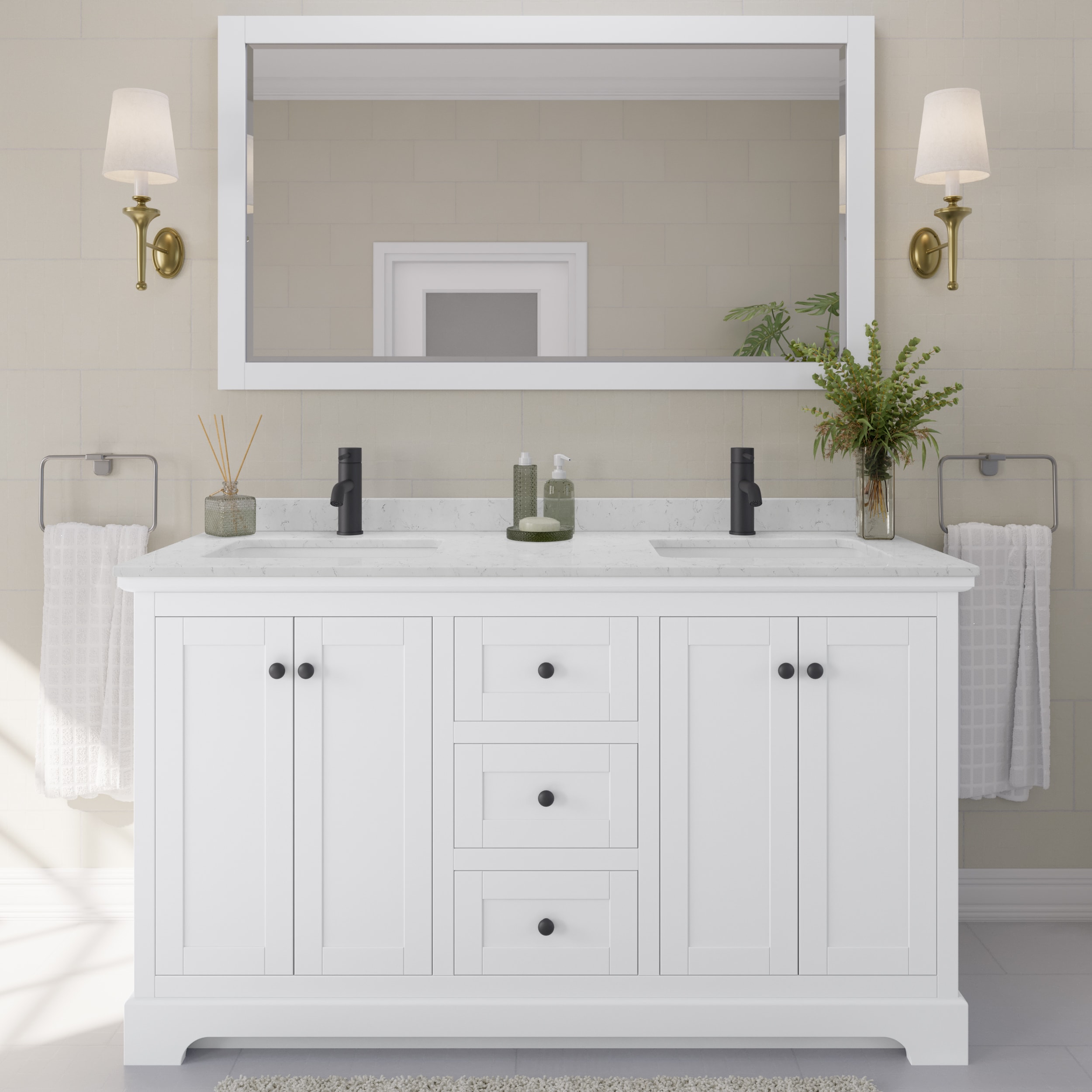 Wyndham Collection Avery 60-in White with Matte Black Trim Undermount Double Sink Bathroom Vanity with Carrara Cultured Marble Cultured Marble Top (Mirror Included)