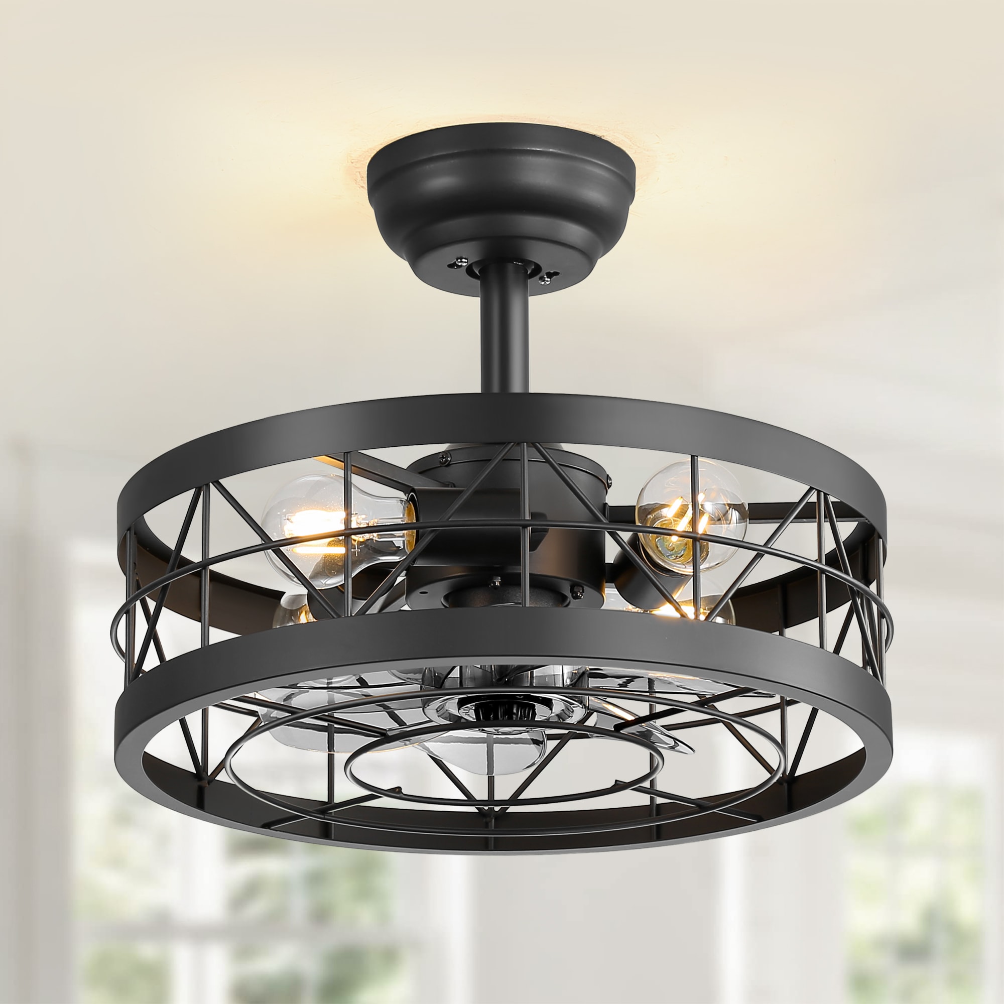 Breezary 35001-BK 17-in Matte Black with Gray Blades Fandelier Ceiling Fan With Light - Remote Included ( 7 -Blade )