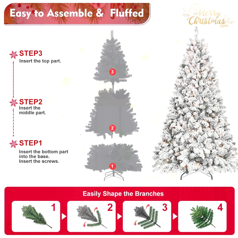 SunJet 8FT Flocked Christmas Tree with 700 UL Lights 54 Natural Pine ...
