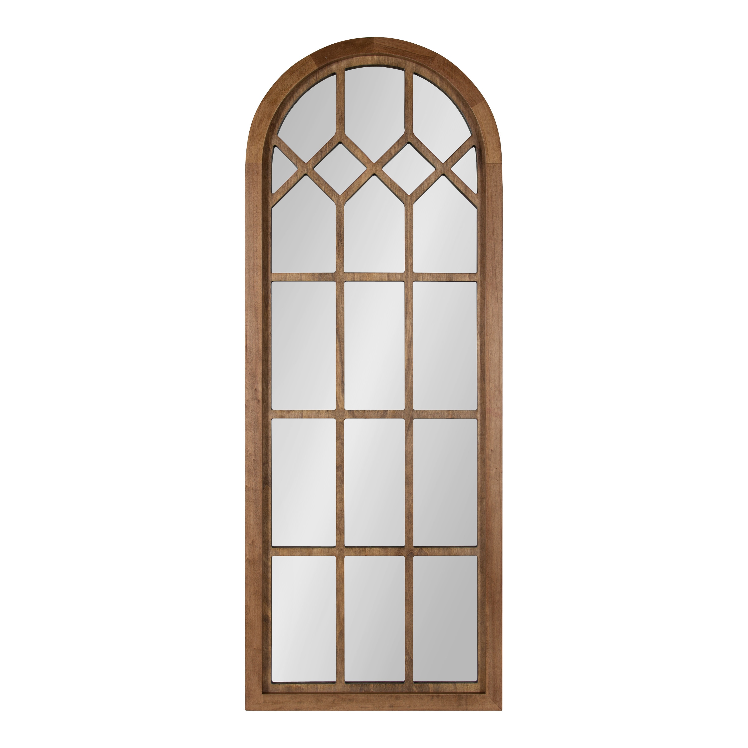 Rustic Brown Arch Wood Framed Windowpane Wall Mirror, 18 x 47