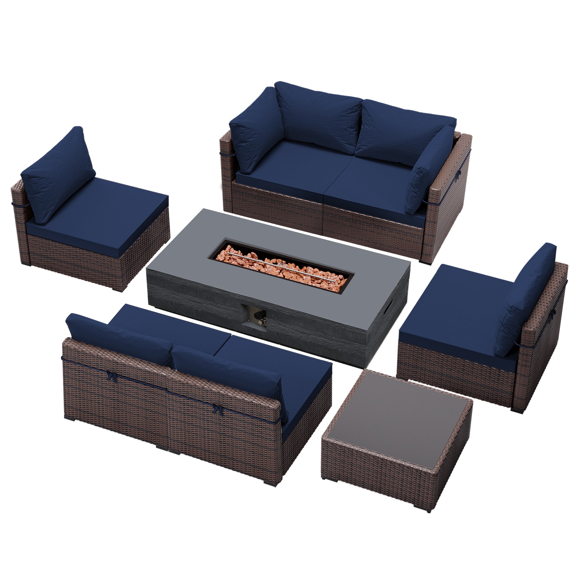 Patio Watcher LS-RT7-56SDK-B2 Rattan Sofa Set 8 -Piece Rattan Patio Conversation Set with Blue Cushions