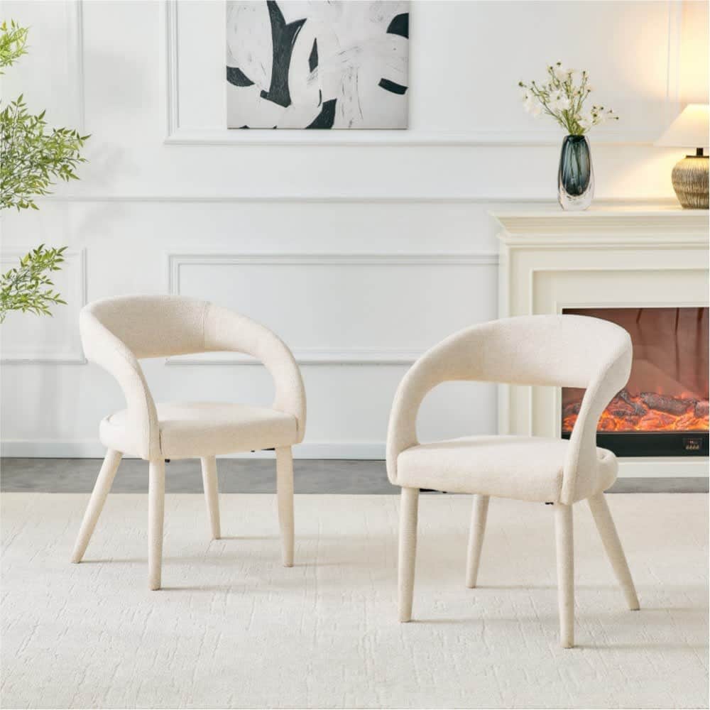 Coolbibila - Set of 2 Modern Sherpa Off White Upholstered Dining Chairs 23-in Open Back Foam Acce...
