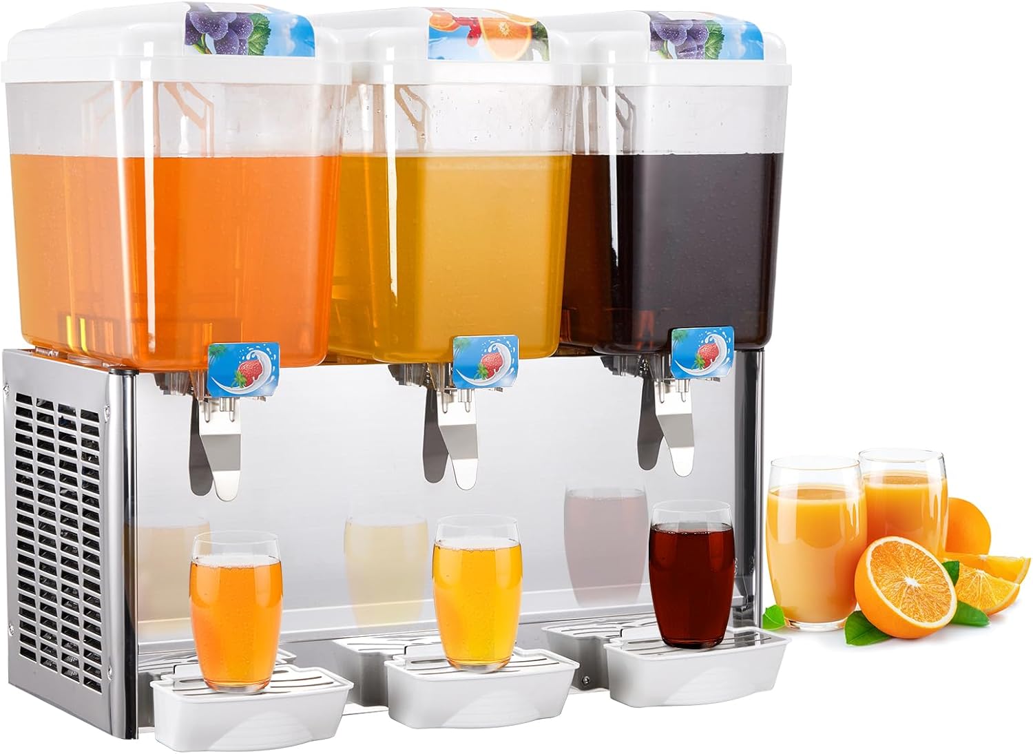 Qeetex ICEJ-PHO-0YH2ISJW 54L Stainless Steel Juice Dispenser with 3x18L Tanks Adjustable Temperature Control 380W Compressor Precision Flow Taps Removable Drip Tray Non BPA Polycarbonate Tanks for Cafes Restaurants and Events