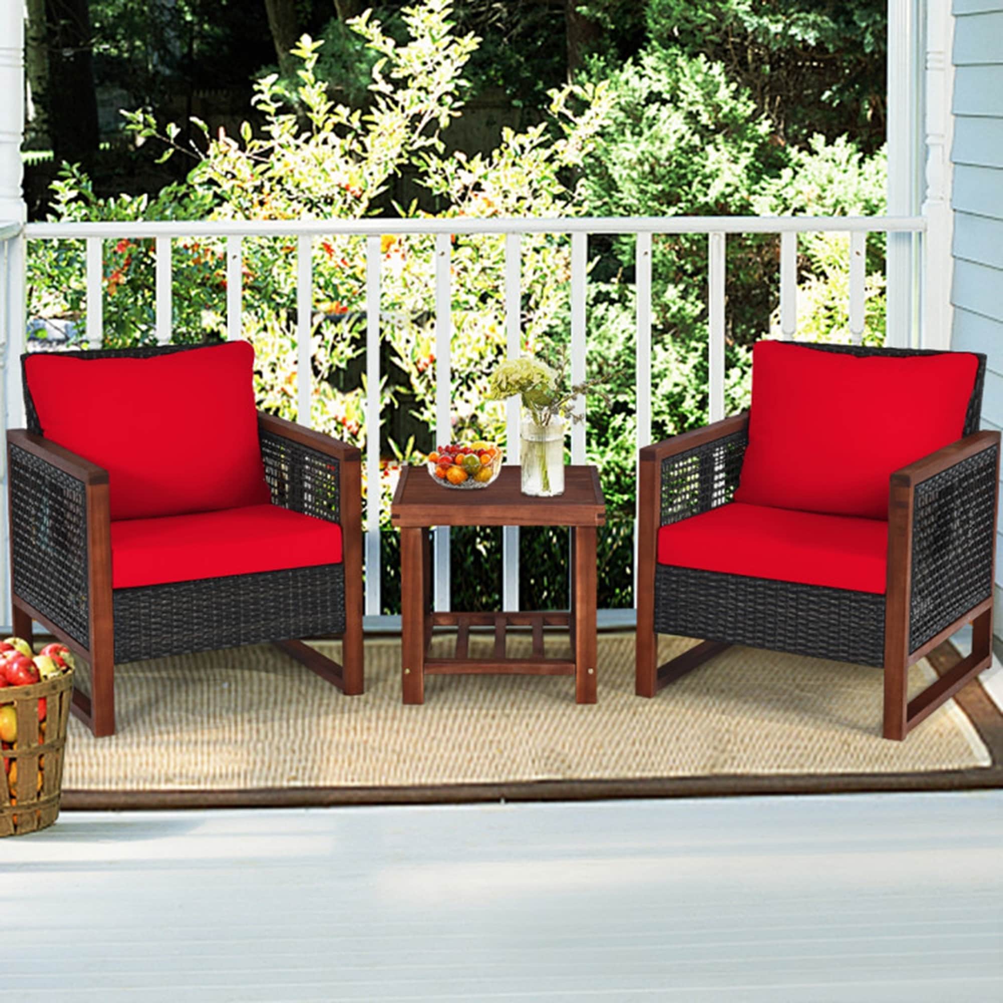 Mondawe MO-OD-1071D 3 -Piece Wicker Patio Conversation Set with Red Cushions