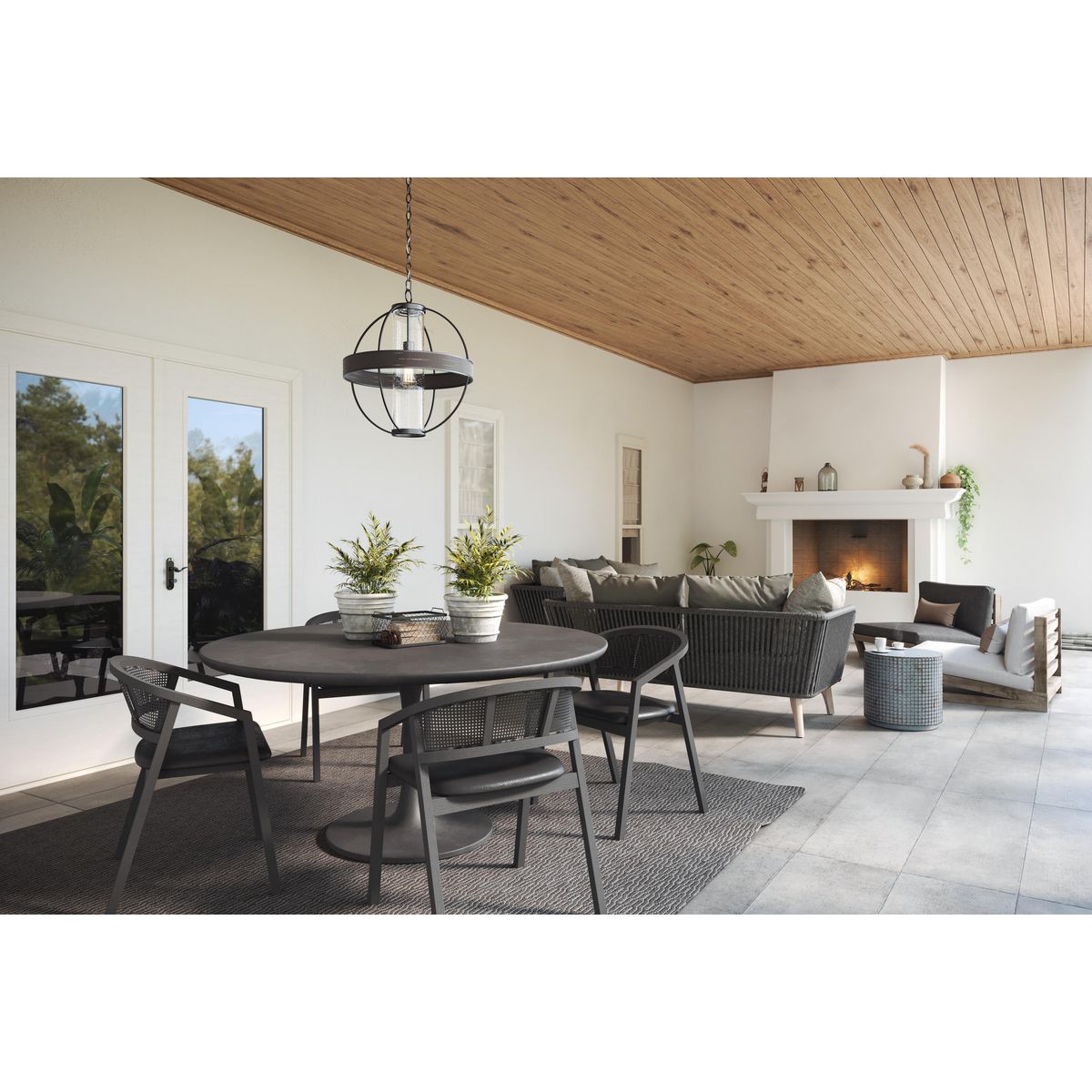 Matte Black Seeded Glass Outdoor Hanging Light