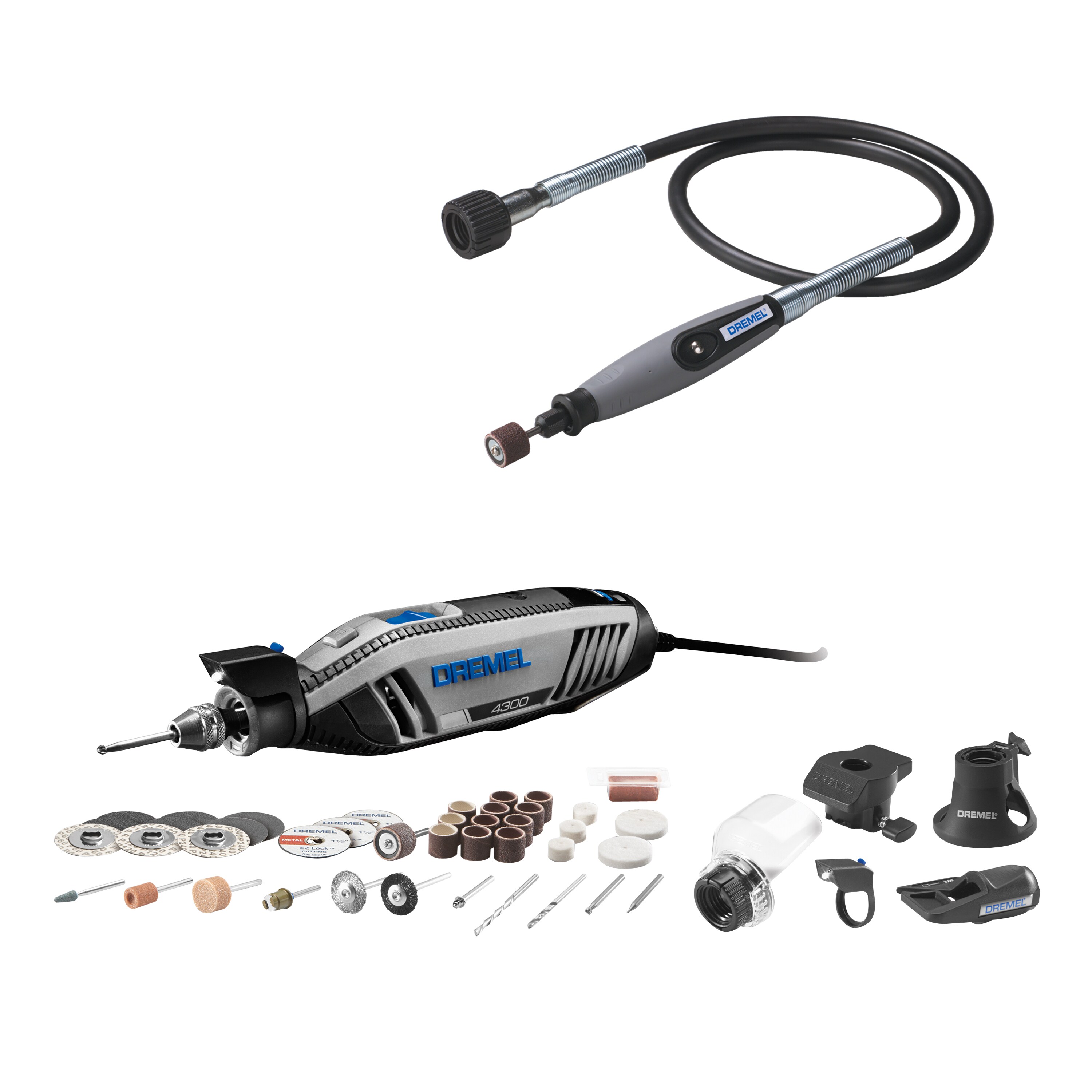 Shop Dremel 4300 47-Piece Variable Speed Corded 1.8-Amp Multipurpose Rotary Tool with Hard with 36-in Rotary Tool Flex Shaft Attachment at Lowes.com