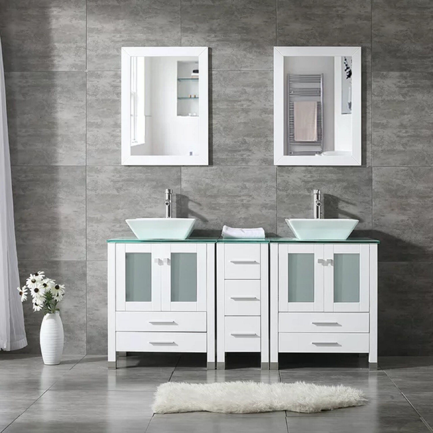 WONLINE 60-in White Double Sink Bathroom Vanity with White Wood Top ...