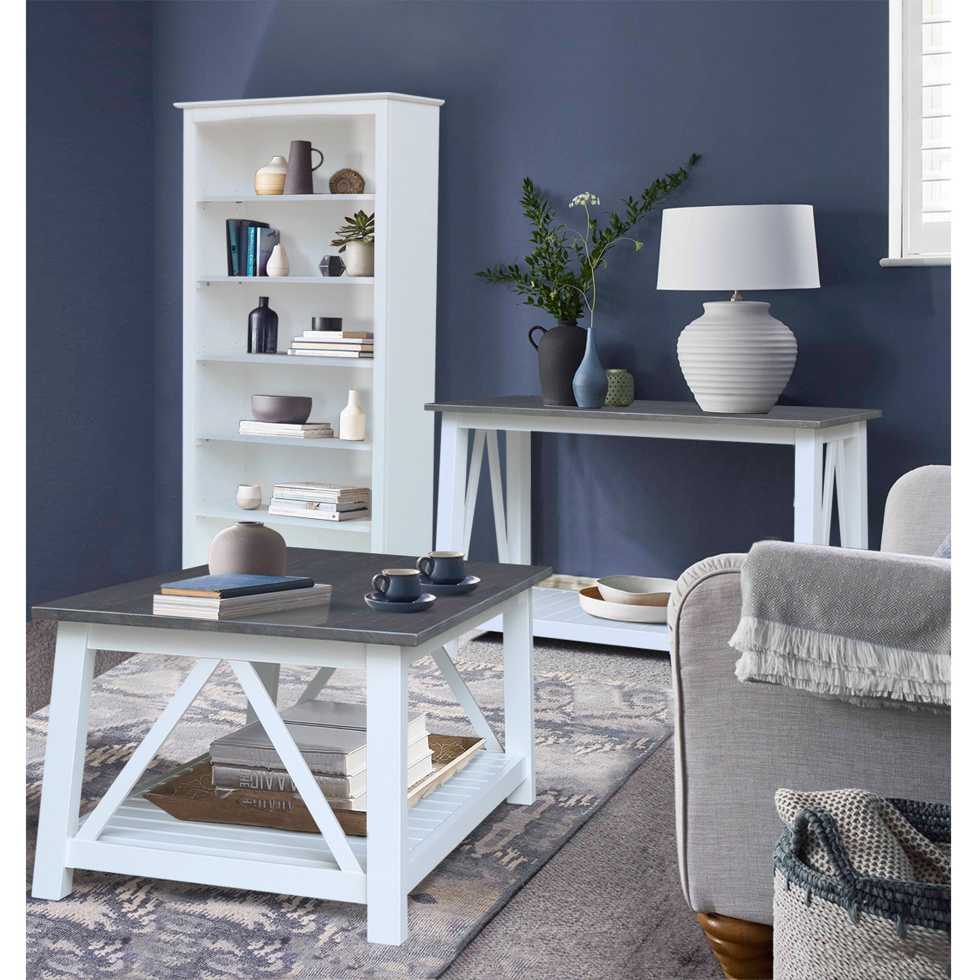Surrey White and Heather Gray Solid Wood Rectangular Coffee Table
