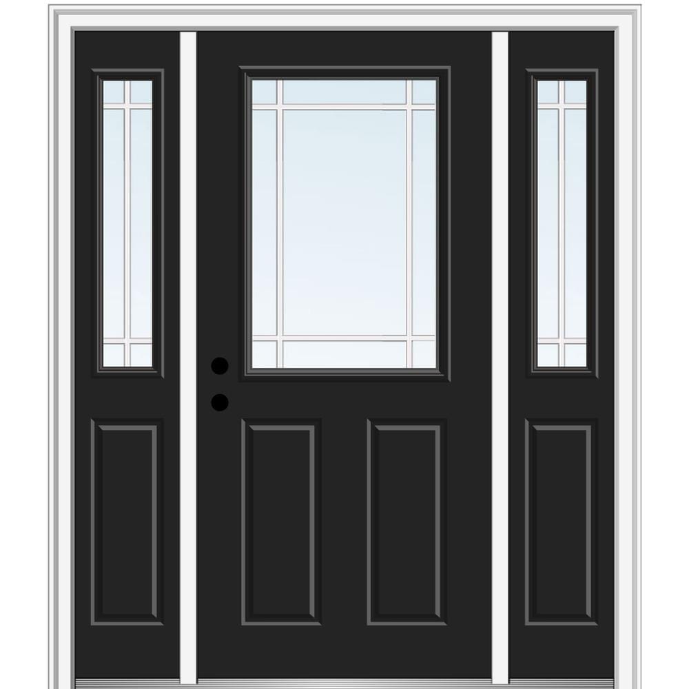 MMI DOOR ZZ13676R 60-in x 80-in x 4-9/16-in Fiberglass Half lite Right-hand inswing Black Painted Prehung Front Door with Sidelights with Brickmould Insulating core with Grilles