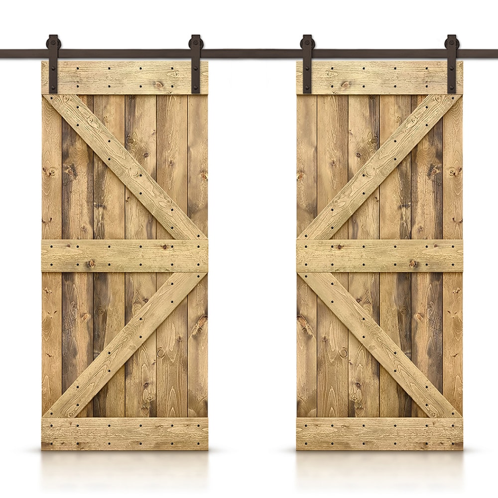 CALHOME CN+(2)S11-AB+K38S 76-in x 84-in Weather oak Pine Wood Solid core Double Barn Door (Hardware Included)