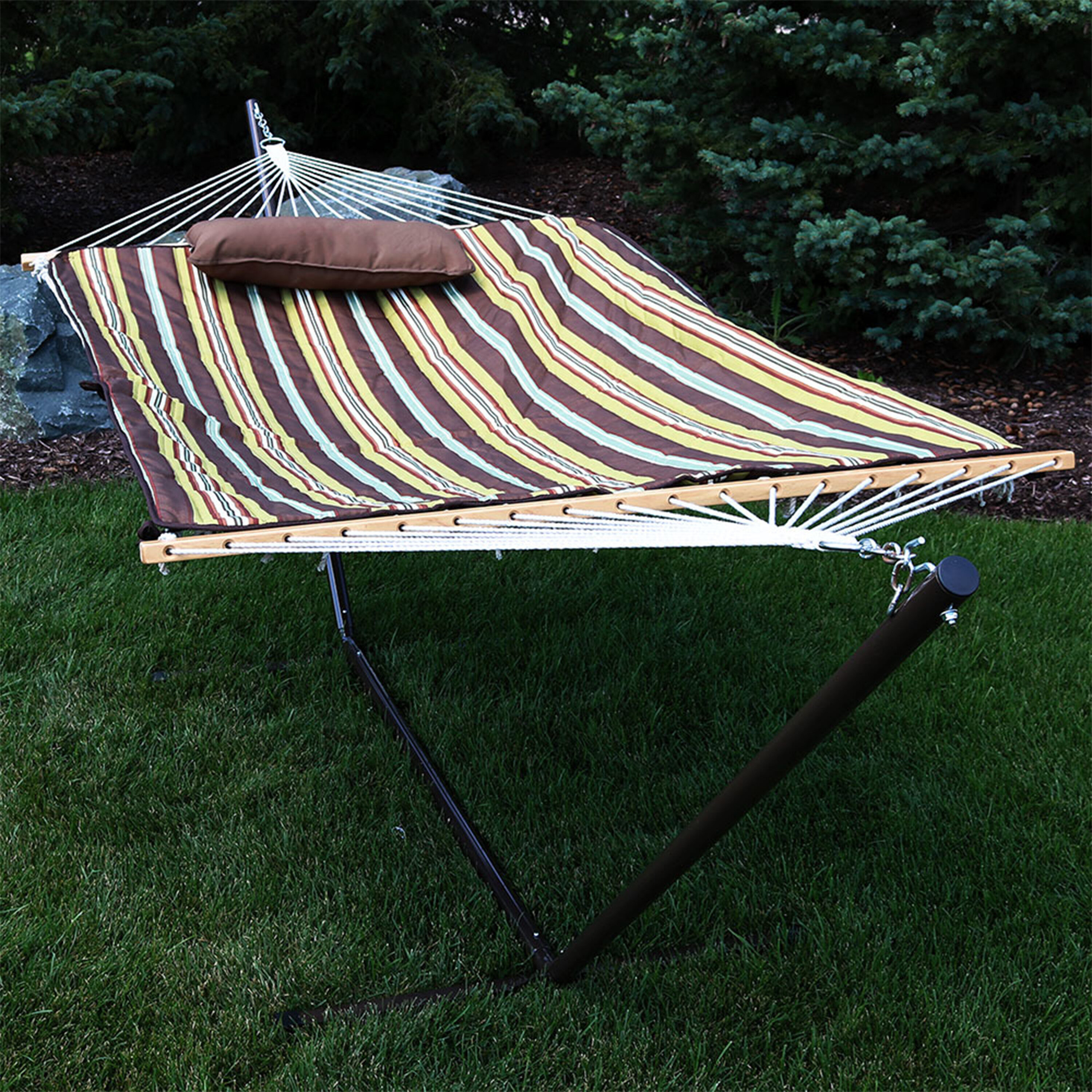 Sunnydaze Decor DL-DSRH-COMBO Sunnydaze Rope Hammock with 12 Foot Stand, Pad Pillow Desert Stripe Fabric Hammock with Stand