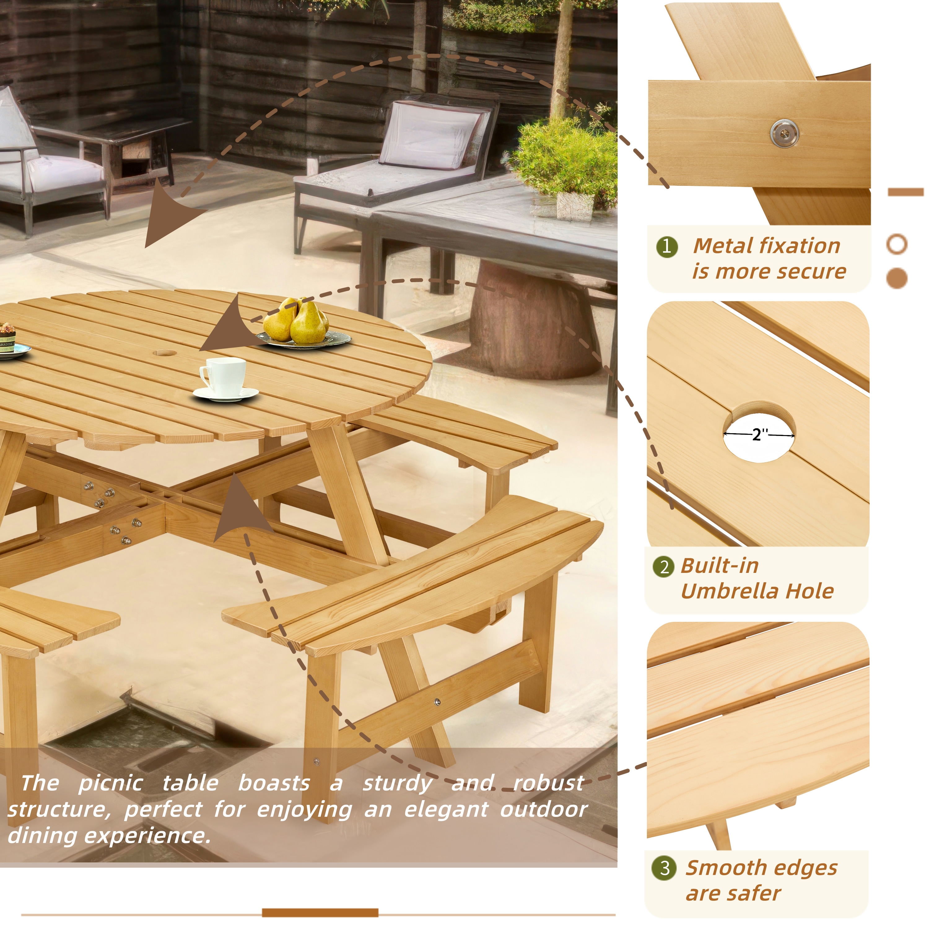 Watnature Outdoor 8 Person Picnic Table 8 person Round Picnic Table ...