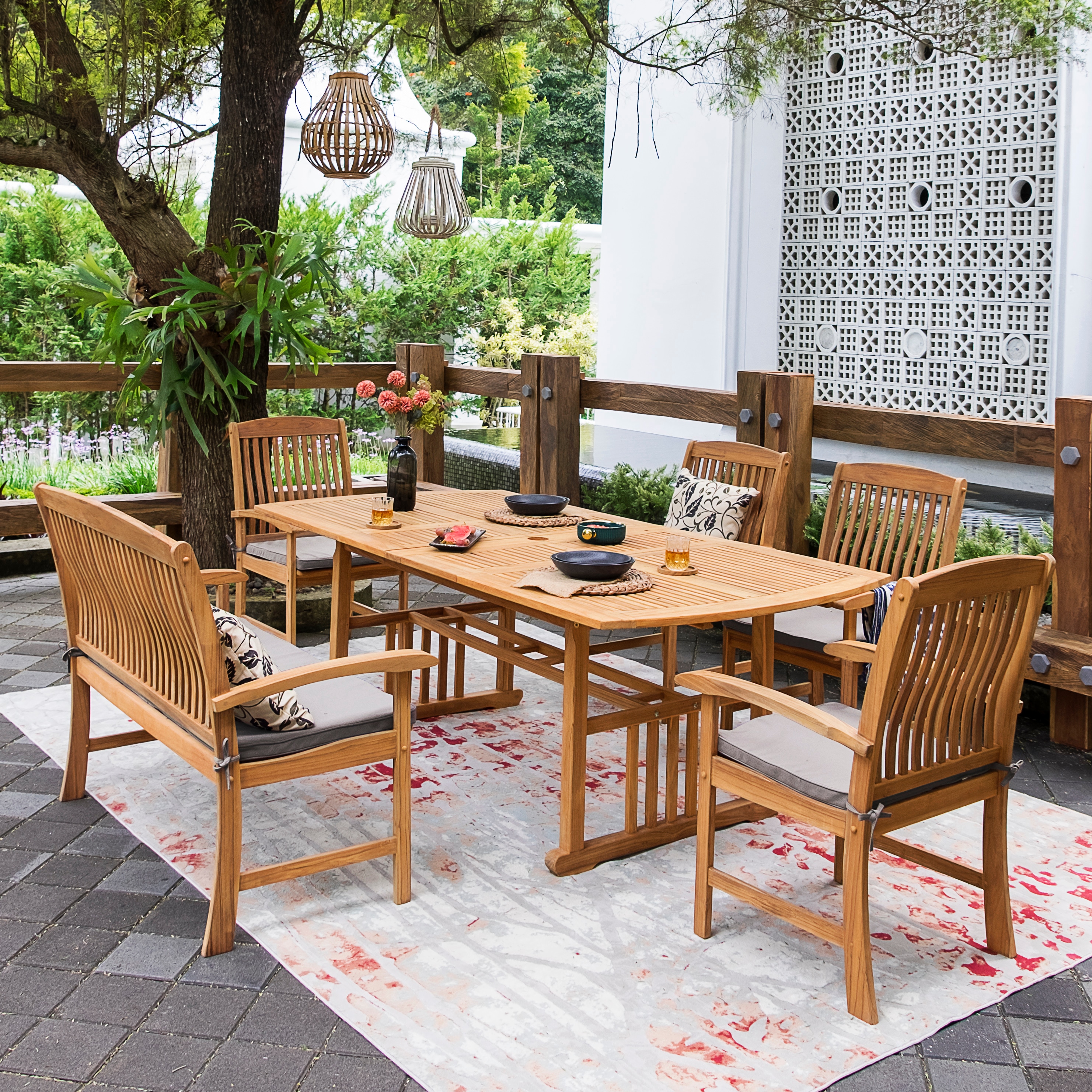 Cambridge Casual 610048-TW-XX-BZ-XX Auburn 6 -Piece Unfinished Teak Wood Patio Dining Set Extendable Table Wood Rectangle Table with 4 Beige Cushions Stationary Chairs
